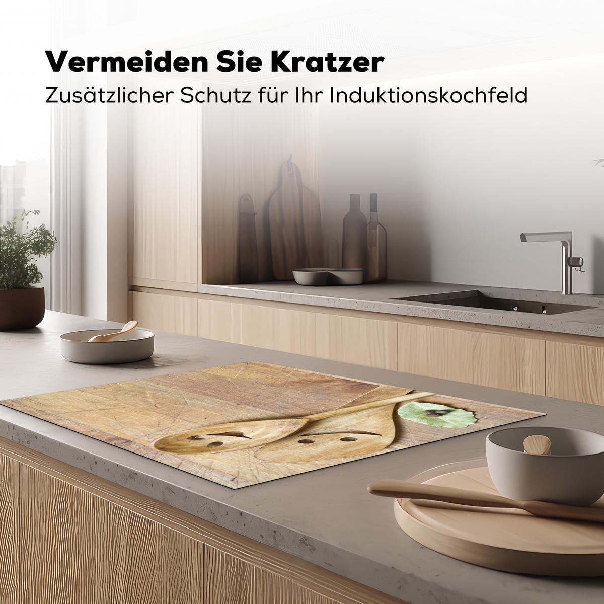 HERDABDECKPLATTE Holz - Löffel - Braun - Smiley 77x59 cm - Hellbraun, Kunststoff (77/59/0.2cm) - MuchoWow