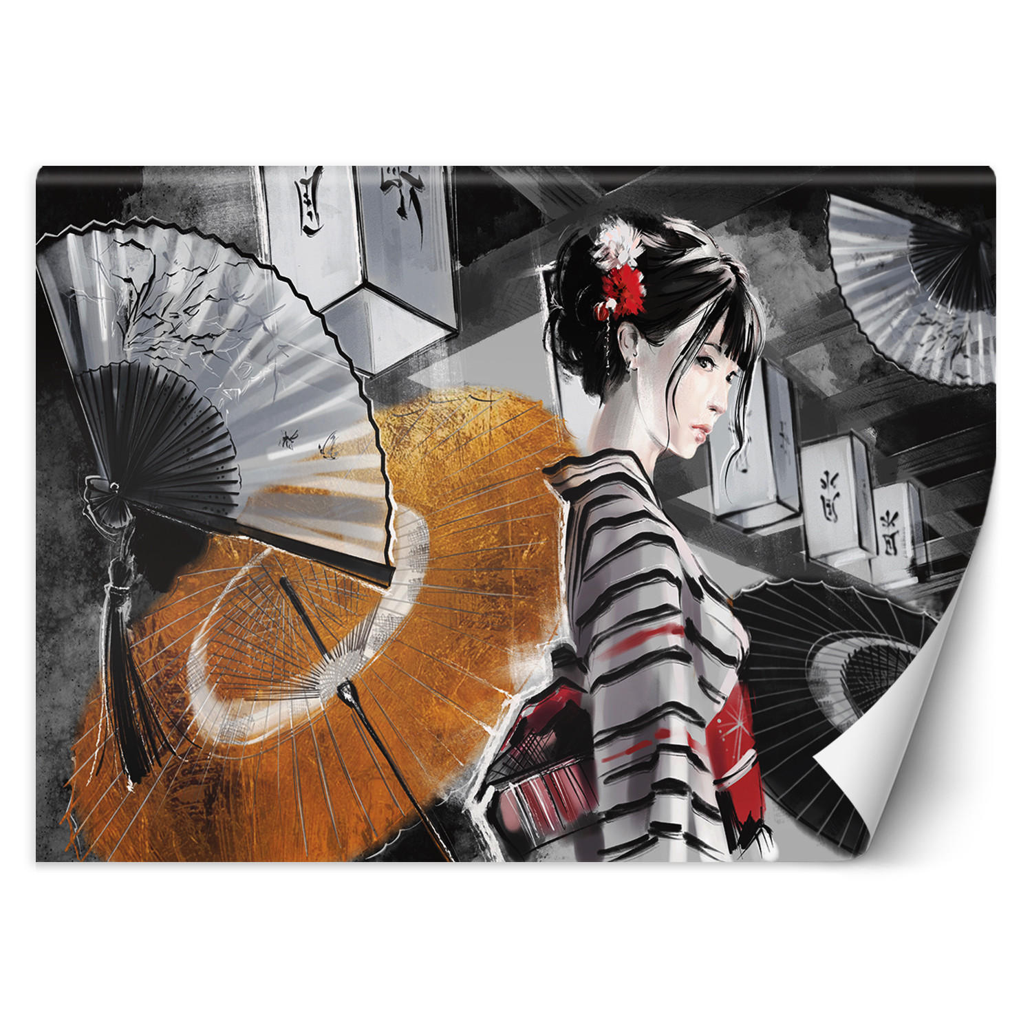 FOTOTAPETE, Geisha mit einem Fan Gelb - Grau, Papier (150/105cm) - Feeby