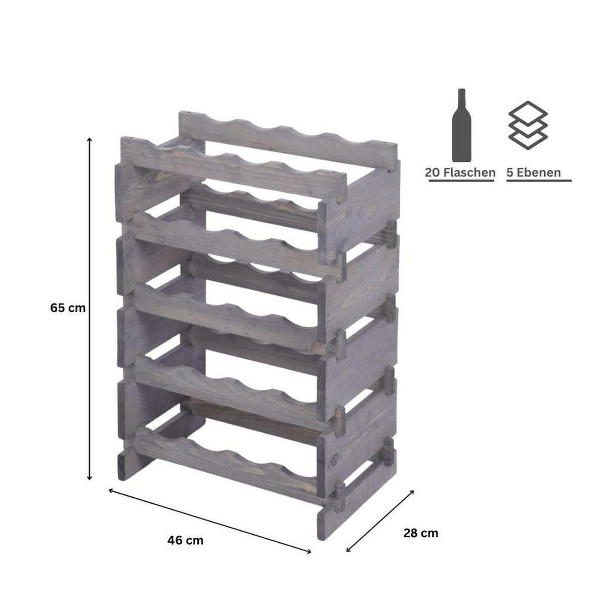 WEINREGAL VINOTECA FLEX PRO HxBxT 65x46x28cm 20 Flaschen auf 5 Ebenen Grau - Grau, Holz (46/65/28cm) - PROREGAL