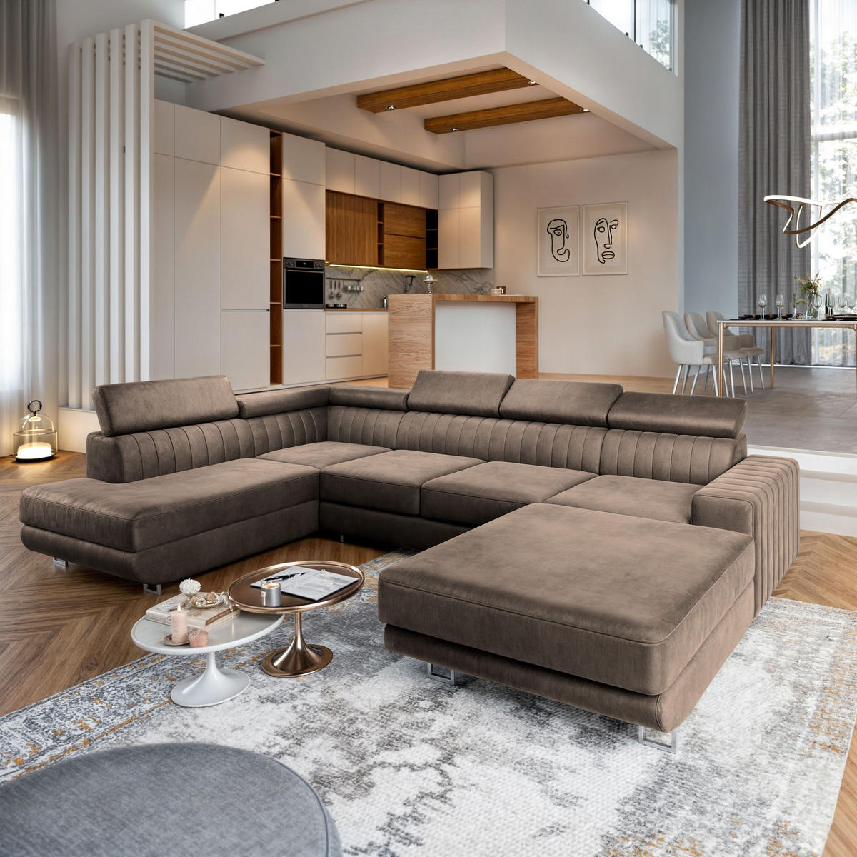 WOHNLANDSCHAFT SIENA L-S Beige Velours-Stoff mit Schlaffunktion - Beige, Holz (335/89/190cm) - MASSENO