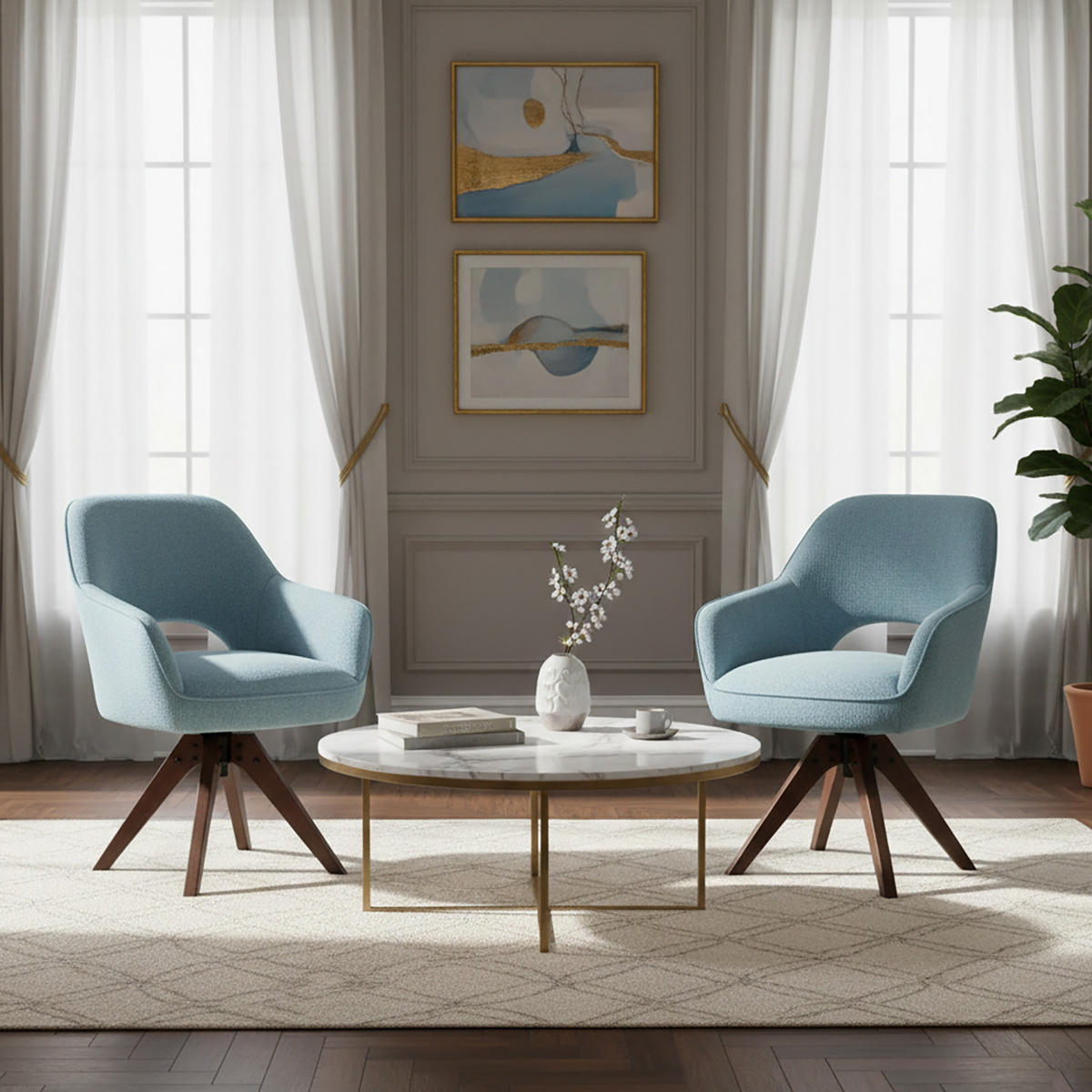 DREHSTUHL Mika-Lena 2er-Set - Nussbaumfarben/Hellblau, Eichenholz/Holz (60/87/65cm) - DUBI Möbel