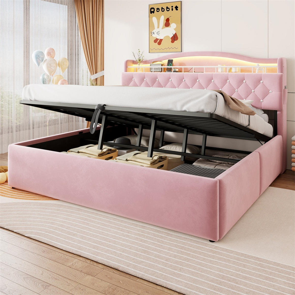 POLSTERBETT 180x200 cm mit hydraulischem Stauraum - LED Beleuchtung & Ladestation - Rosa - Ohne Matratze - Pink, Textil (180/200cm) - DELFA