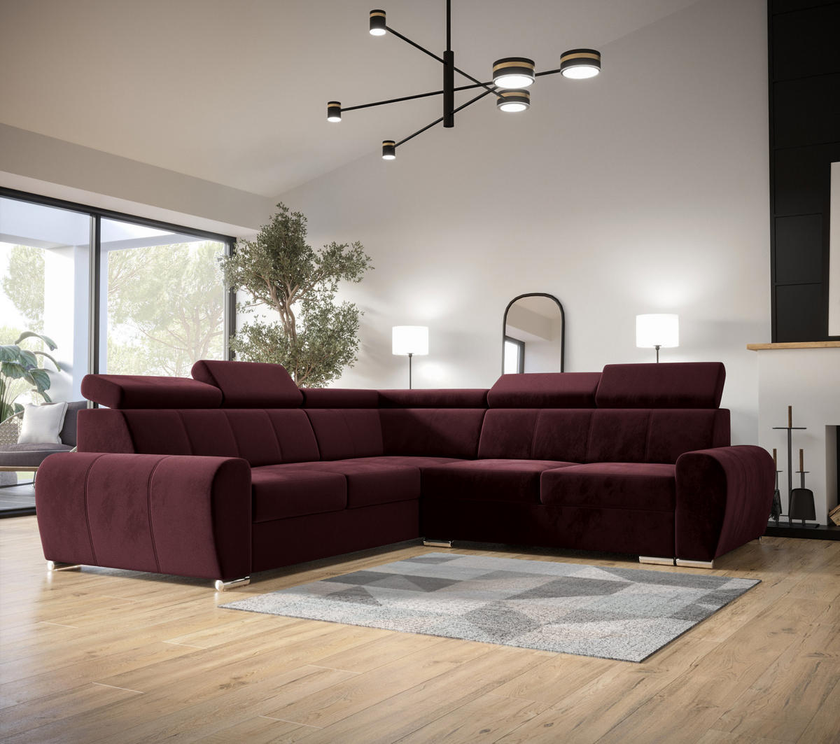 ECKSOFA APOLLO KN09, Eckcouch in L-Form mit Schlaffunktion, Farbe: Rot, Velourstoff, Ottomane Links - Braun, Textil (255/255cm) - O-Sofa