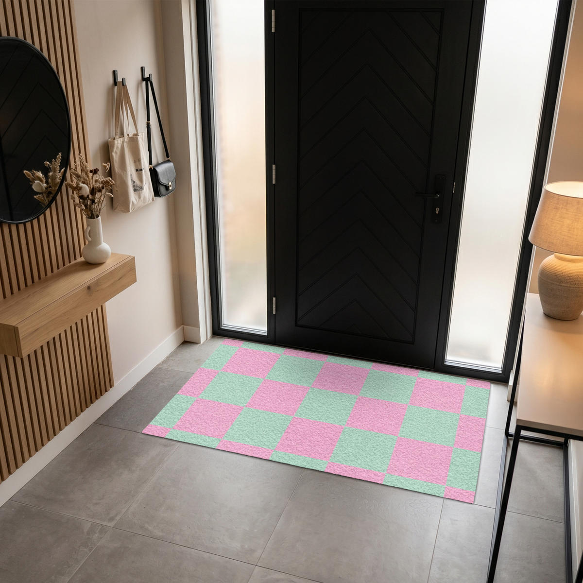 FUSSMATTE Schachbrettmuster - Grün - Rosa - Würfel Fußabtreter 150x90 cm - Mintgrün, Kunststoff (150/90cm) - MuchoWow