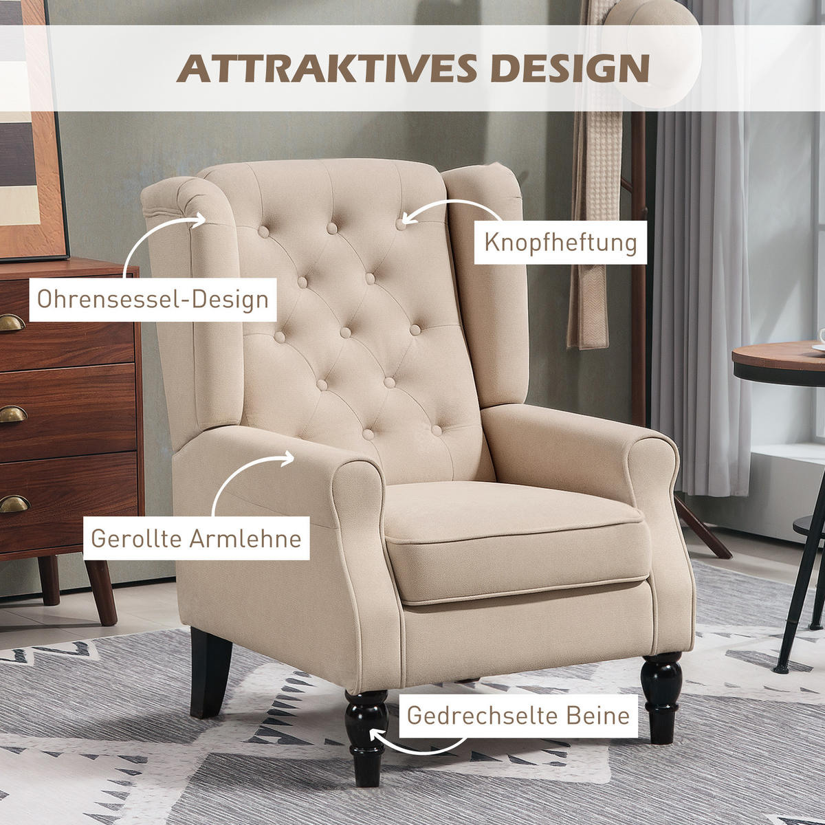 OHRENSESSEL Gepolstert Sessel mit Tufting, hoher Rückenlehne bis 160 kg, Beige - Beige/Schwarz, Holz/Textil (74/102/87cm) - HOMCOM