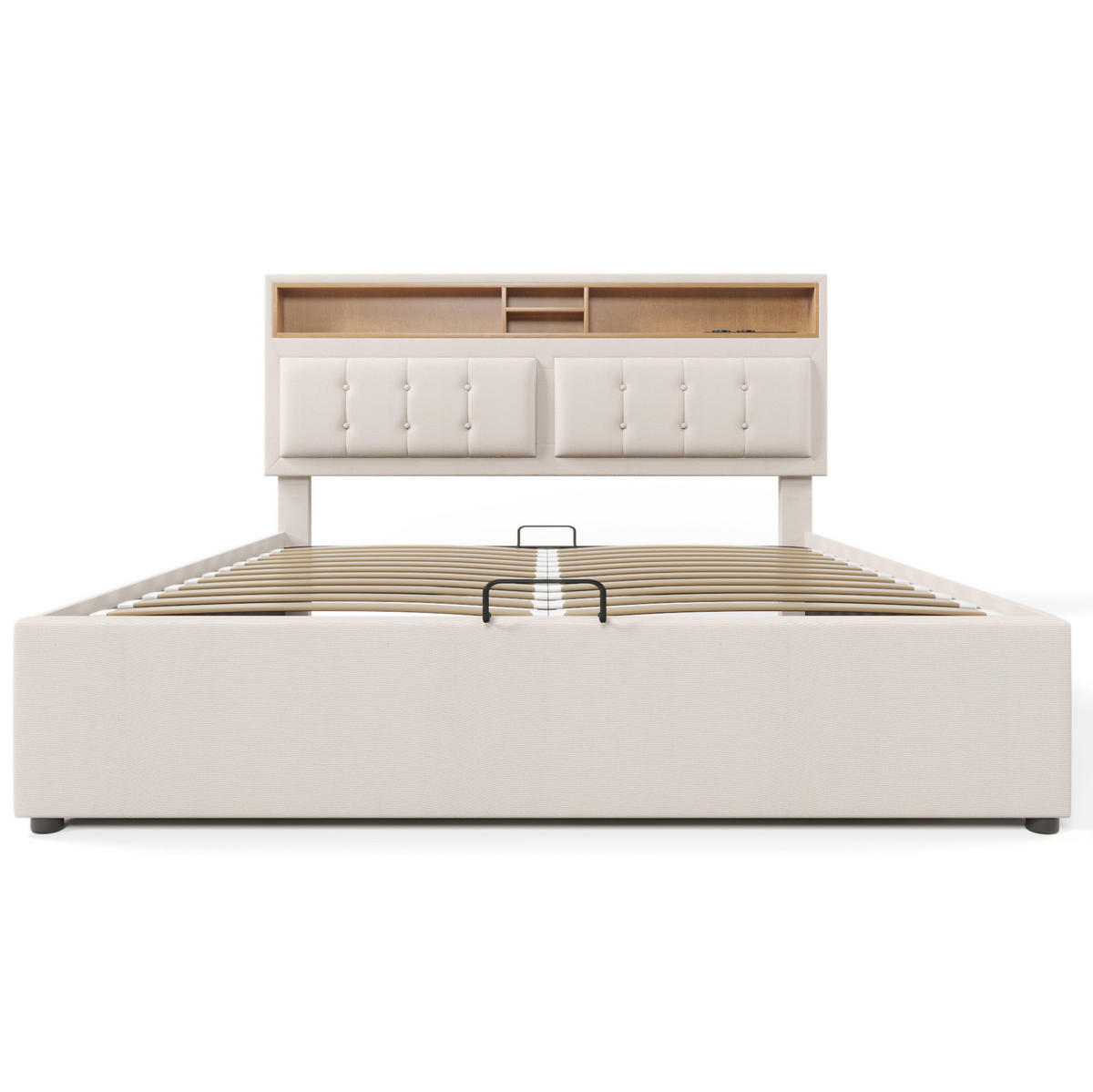 POLSTERBETT 140/200 cm aus Leinen mit Matratze, USB-C, Steckdosen, verstellbarem Kopfteil und Bettkasten, Beige - Beige, Textil (140/140cm) - Redom