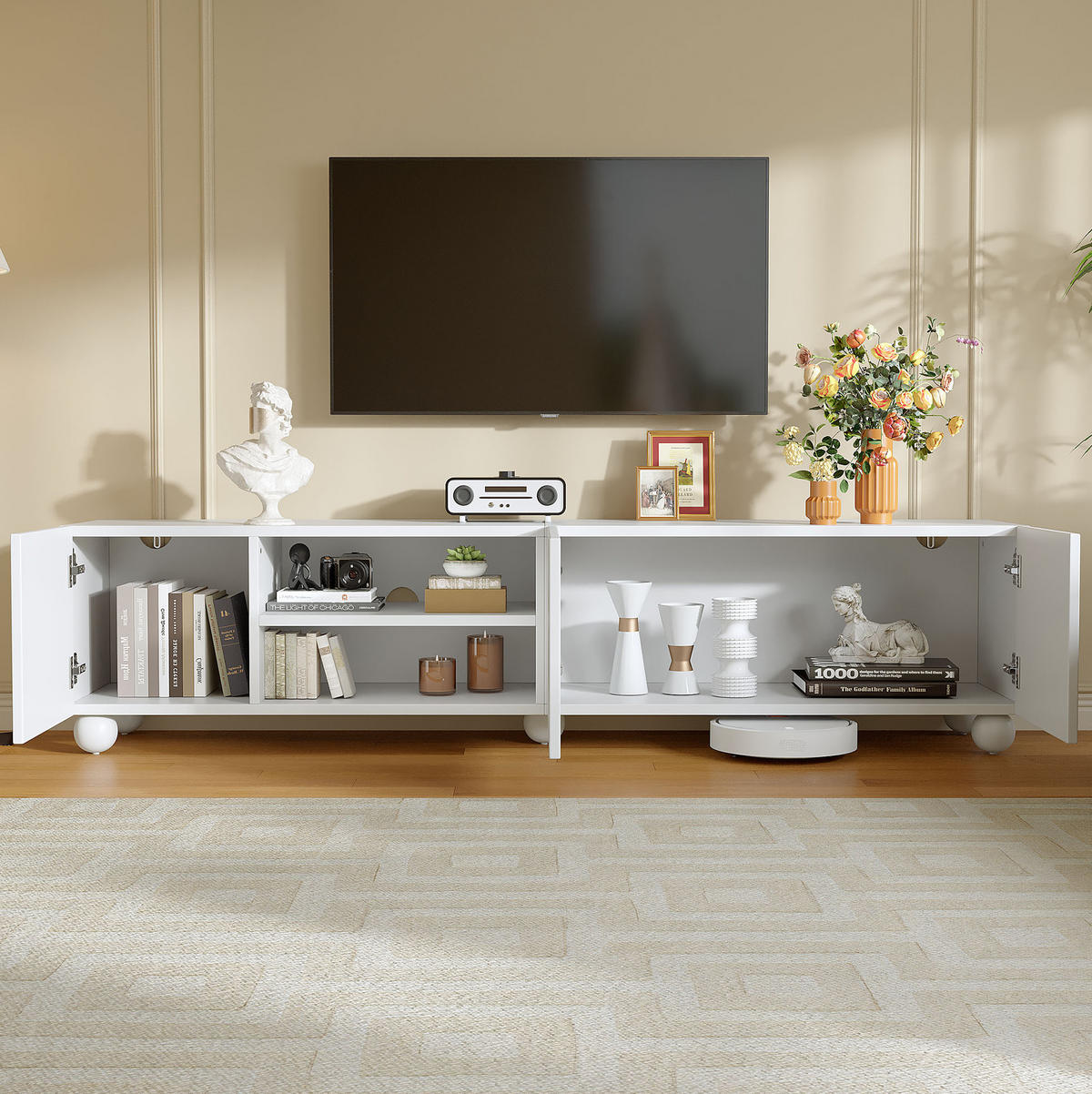 TV-LOWBOARD 200/40/44 cm Weiß aus Spanplatte mit 3 Türen - Weiß, Holzwerkstoff (200/44/40cm) - OKWISH