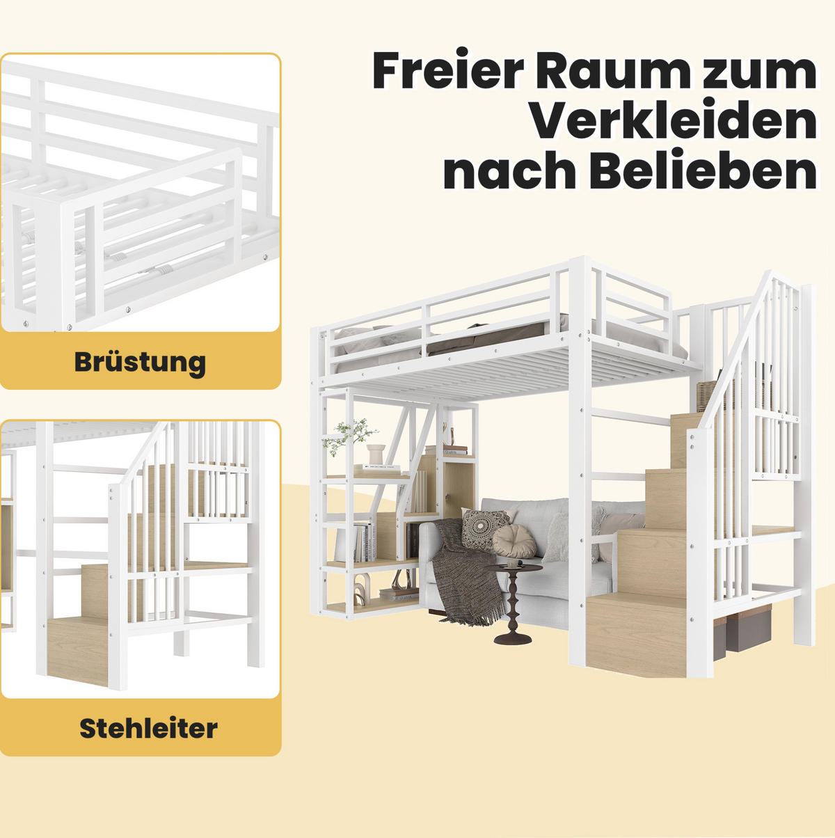HOCHBETT 90/200 cm Weiß mit LED und Stauraum - Weiß, Metall (90/200cm) - MIVRAY