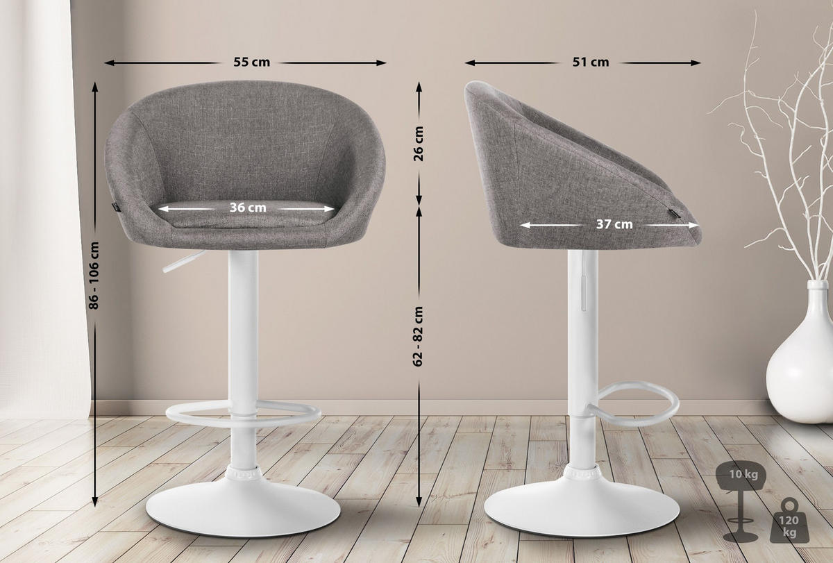 BARHOCKER OSLO Hellgrau Stoff Weiß - Hellgrau, Textil/Metall (55/86/51cm) - DELUKE