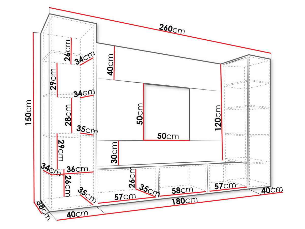 WOHNWAND Deromi V - Weiß, Holzwerkstoff (260/150/38cm) - MIRJAN24