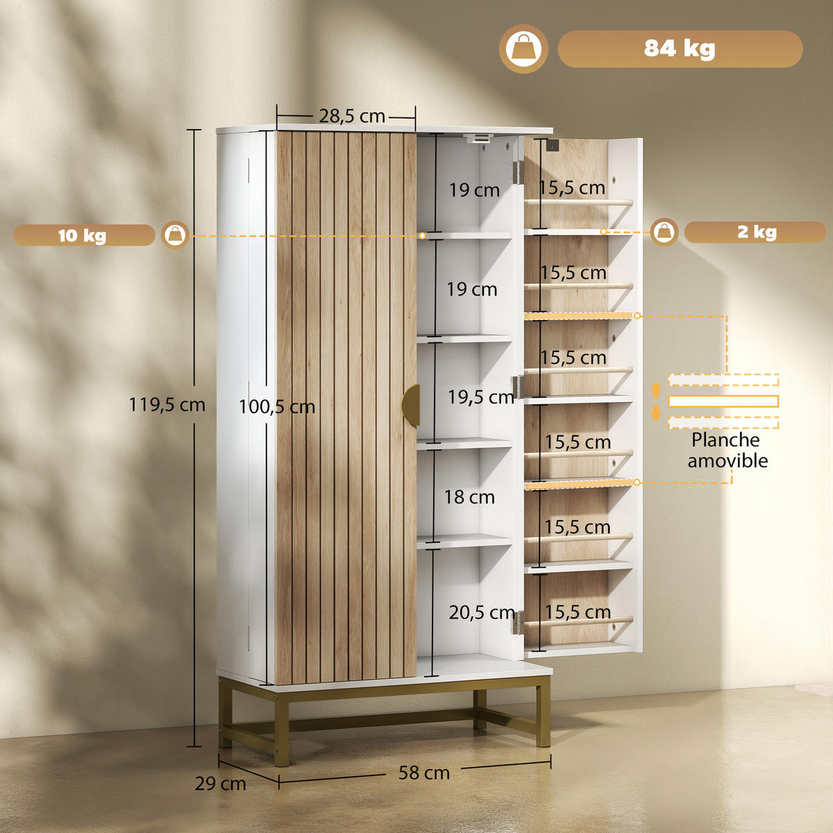 MEHRZWECKSCHRANK DE-11184 12 Türregale Weiß - Weiß, Holzwerkstoff (29/119.5/58cm) - ComfortXL