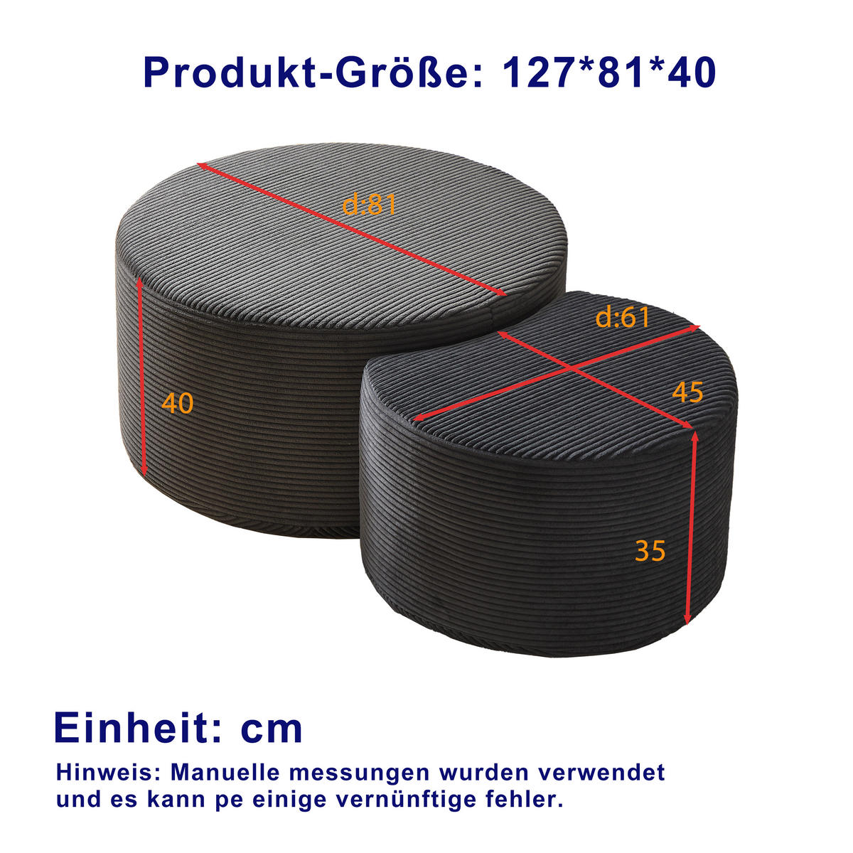 COUCHTISCH in Schwarz runder Kaffeetisch aus Schaumstoff, Set mit 2 Stück für Wohnzimmer, B127/T81/H40cm - Schwarz, Textil (81/126/40cm) - STILVORA