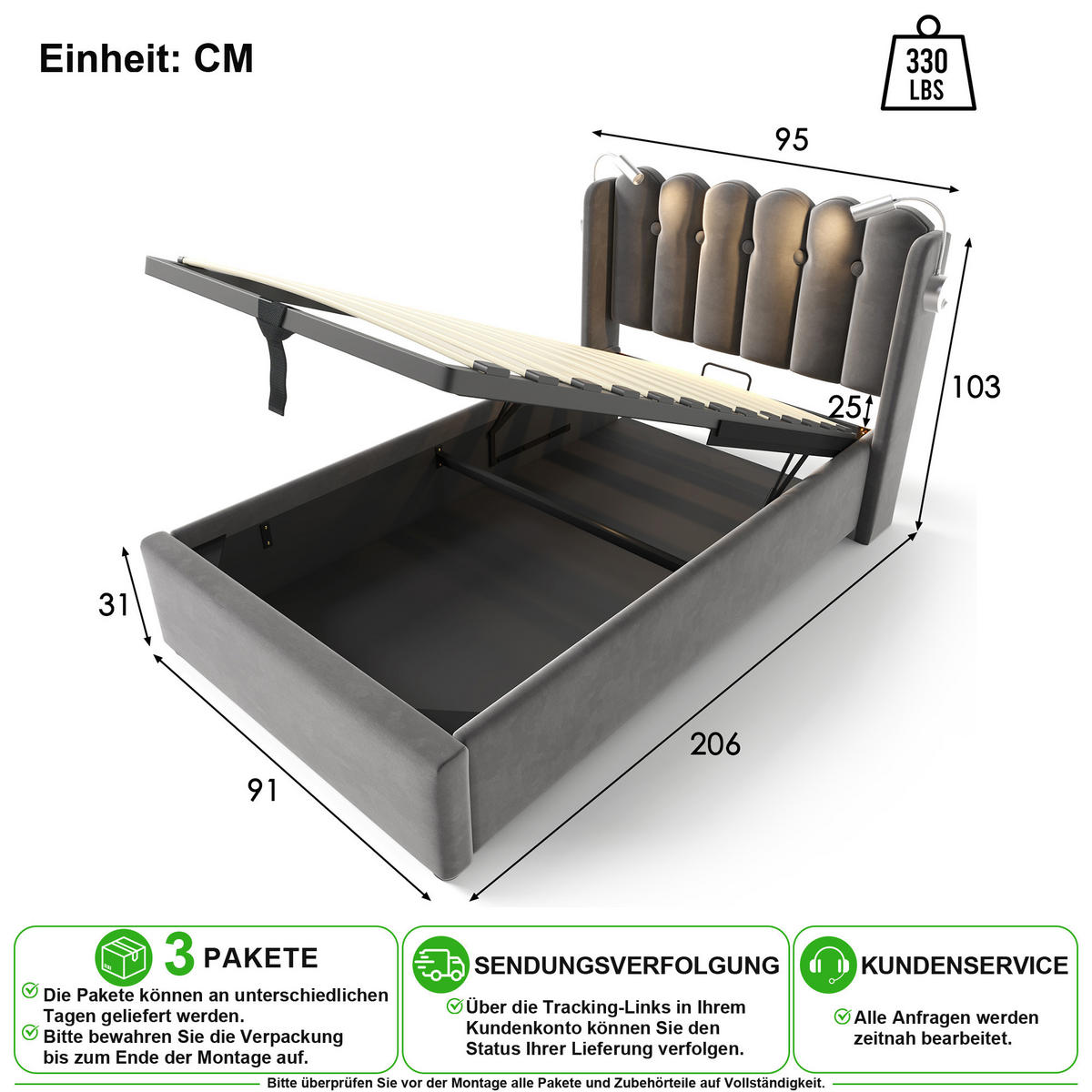 POLSTERBETT 90/200 cm in Grau Samt mit Bettkasten, Leselampe, USB und Matratze - Grau, Holzwerkstoff/Textil (90/200cm) - CHICFURN