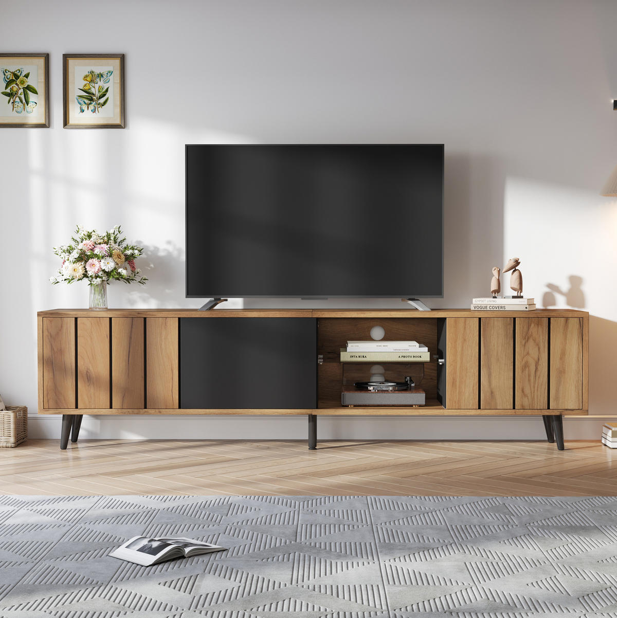 TV ormarić od iverice 175x31,5x45 cm prirodna boja i crna s 3 ormarića i kaljenim staklom za TV do 75 inča - svijetlo smeđa, drvni materijal (175/45/31.5cm) - Modfu