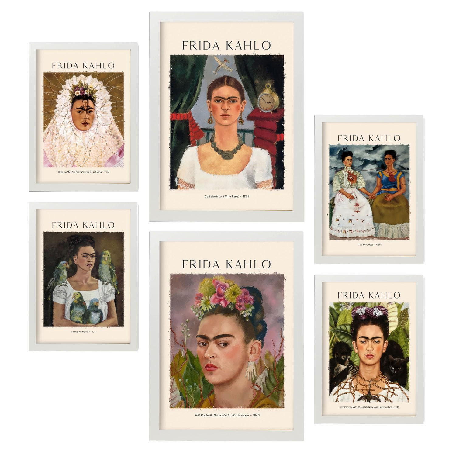 POSTER Set Mit 6 Frida Kahlo Malergalerie A3 & A4 Weißer Rahmen - Weiß, Papier (29/3cm) - Nacnic
