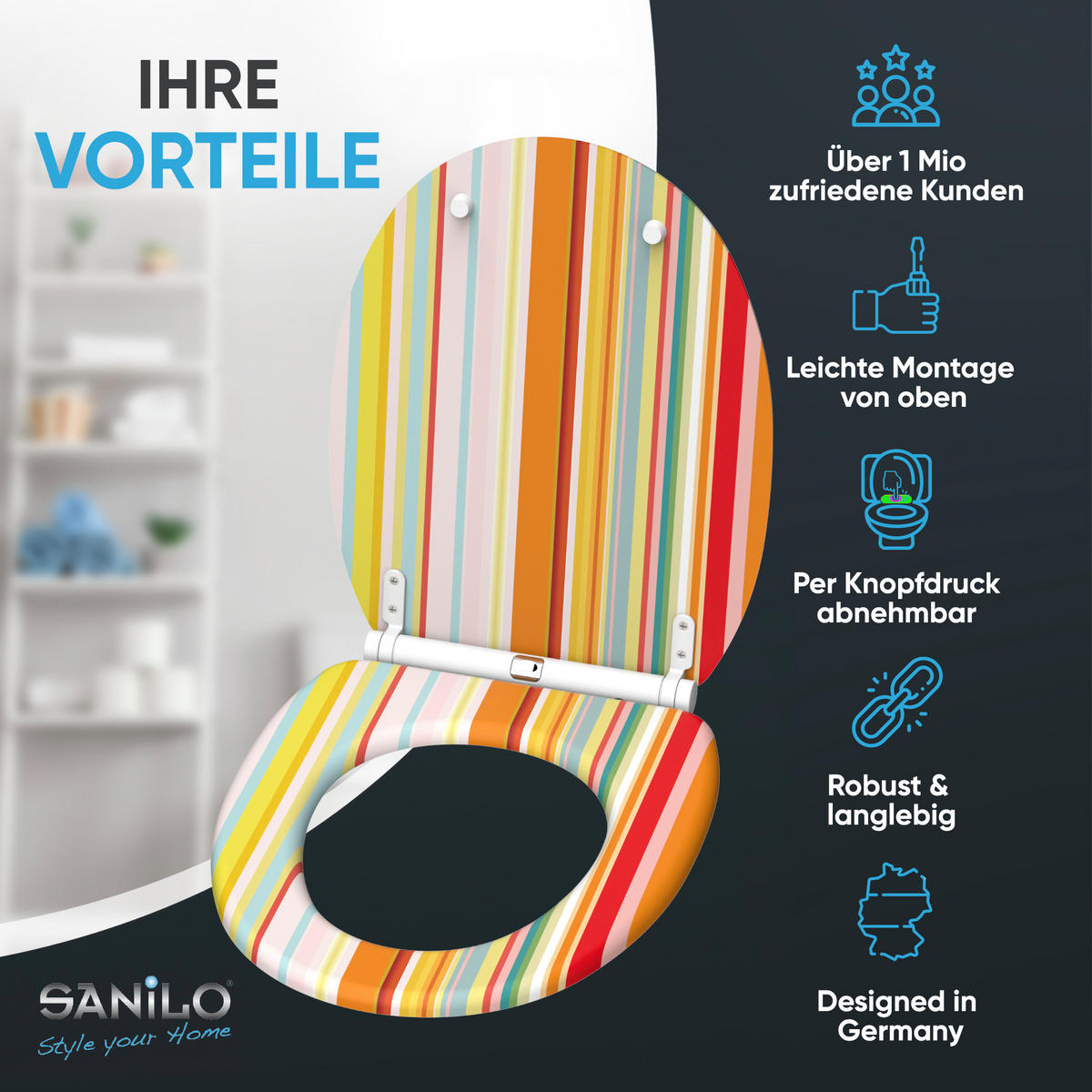 WC-SITZ mit Absenkautomatik & Top Fix Starstripes - Multicolor, Holzwerkstoff (37.7/5.5/48cm) - Sanilo