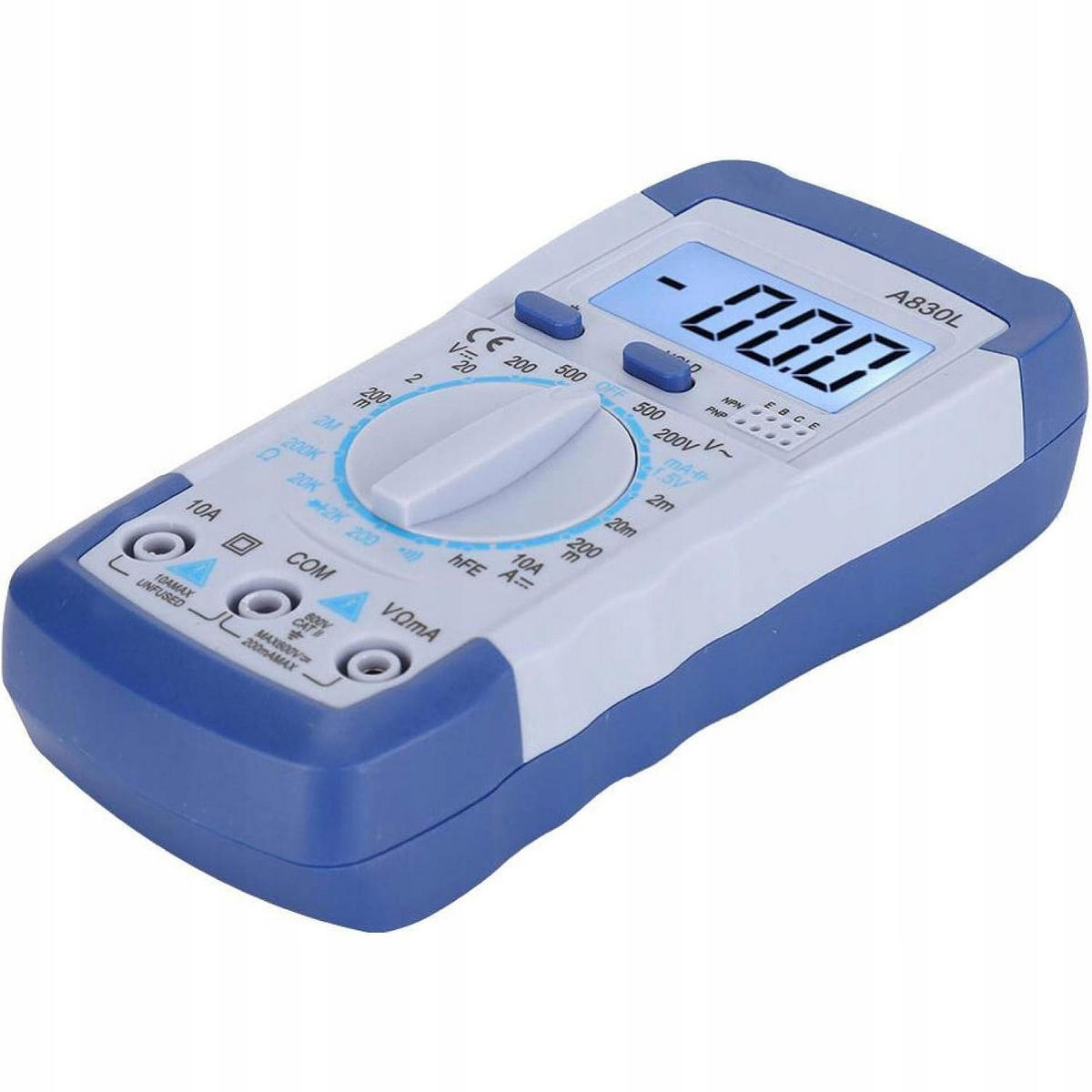 MULTIMETER A830L Digitales Multimeter, LCD, AC/DC V, DCA 10 A, Ω bis 2 MΩ, Diodentest, Durchgang, HFE, Hold, Beleuchtung, 9 V, 140 x 70 x 35 mm - Multicolor, Kunststoff/Metall (10/10/10cm)