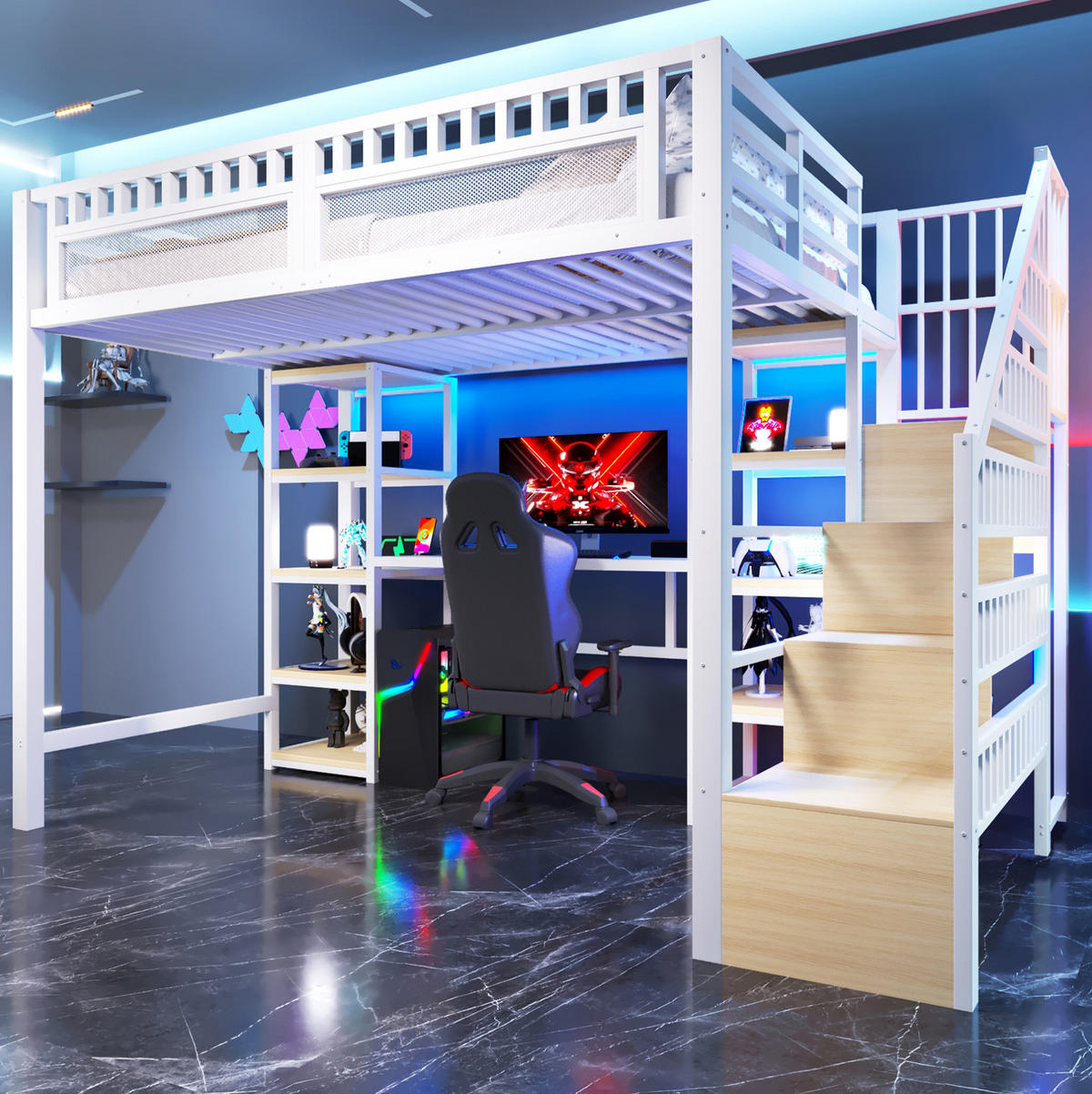 HOCHBETT 140/200 cm mit Schreibtisch, LED-Lichtleiste, USB-Anschluss, Stauraumleiter und Ablagen, Metall/MDF, Weiß - Weiß, Metall (140/200cm) - Redom