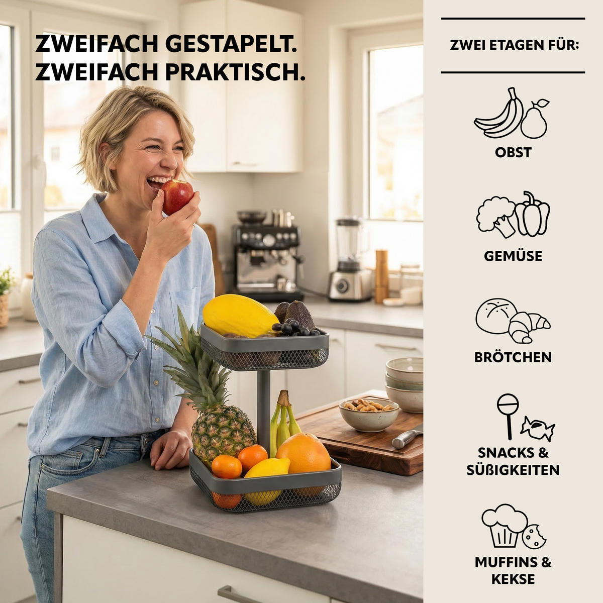 OBSTETAGERE, eckig, 2-stöckig, Ø 20 cm und 25 cm, grau, Metall - Grau, Metall (30cm) - eluno