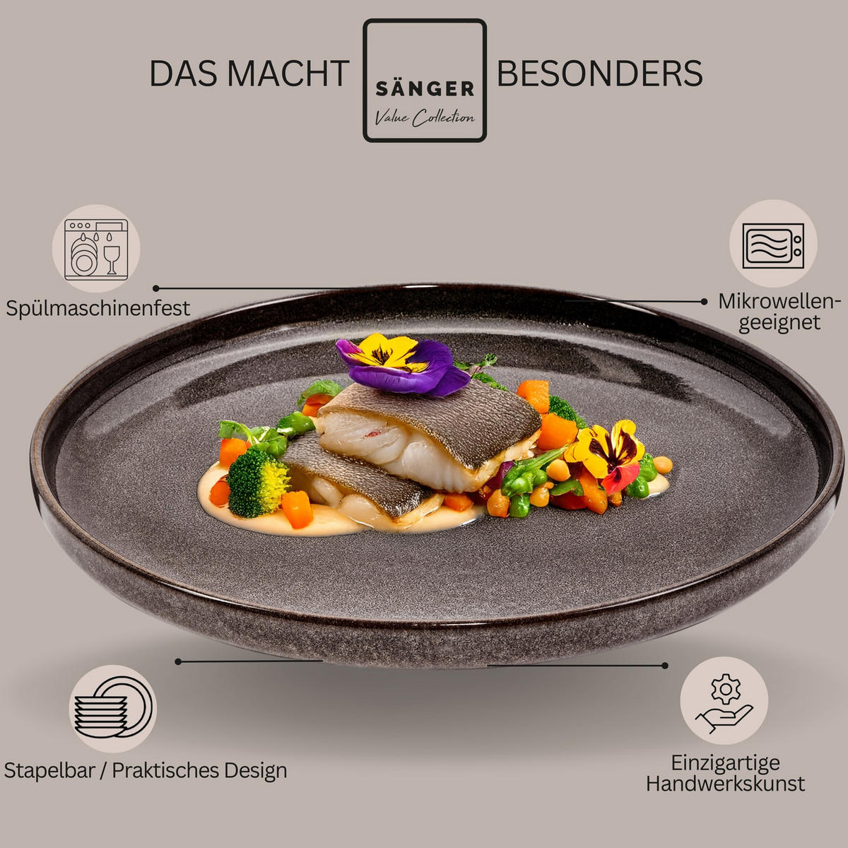 SPEISETELLER KAIRO GRAPHIT - 4 teilig aus Steingut - Braun, Keramik (25cm) - Sänger