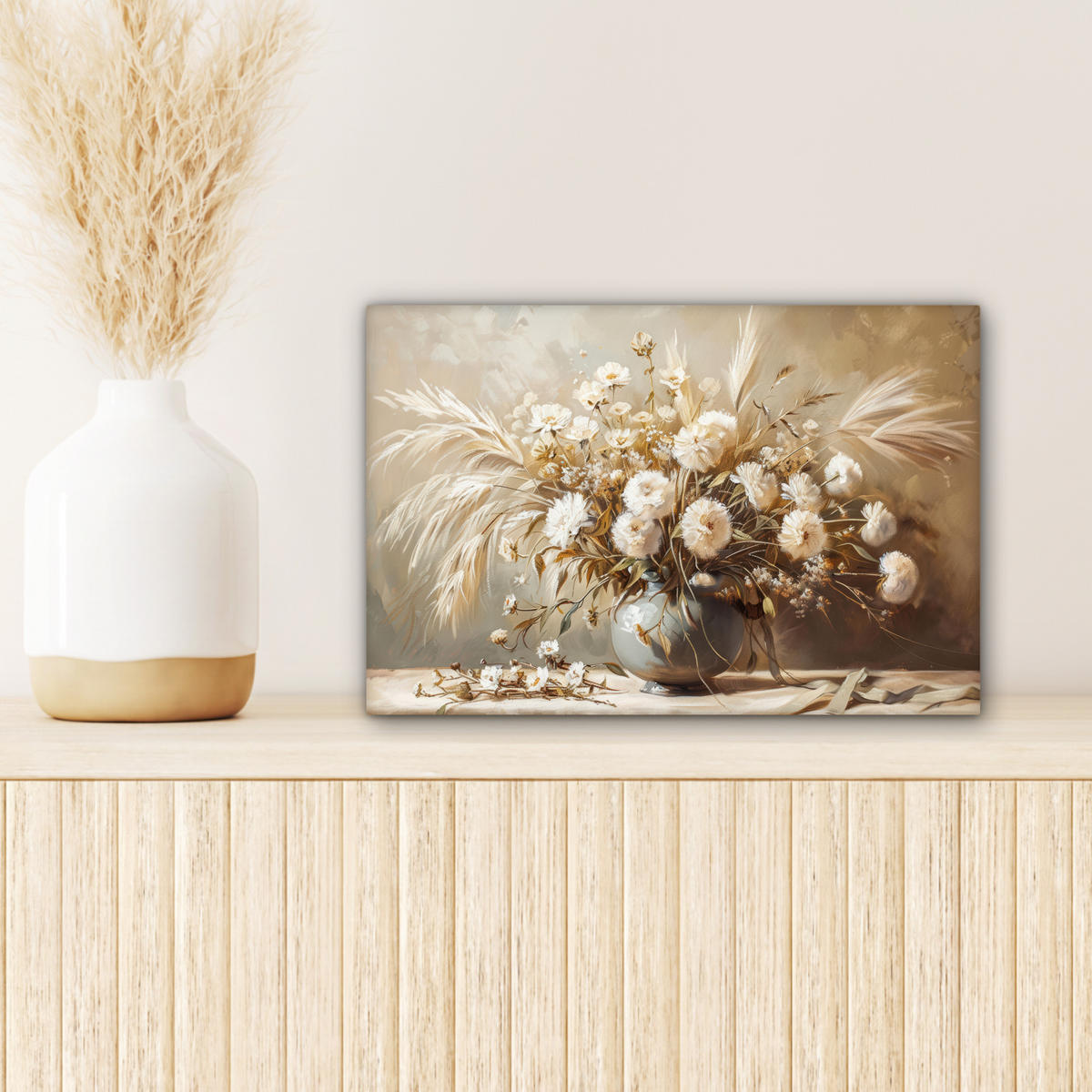 LEINWANDBILD Blumen - Vase - Stilleben - Beige Deko Schlafzimmer 30x20 cm - Creme, Textil (30/20cm) - MuchoWow