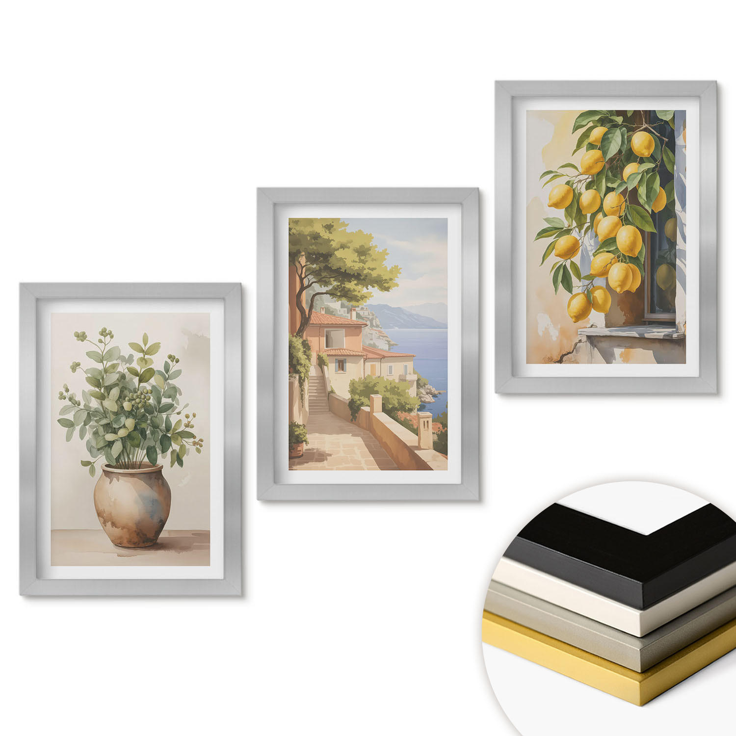 WANDBILDER 3er Set - 20x30 cm Silberner Rahmen - Blumen in einer Vase, ein Meer aus Zitronen - Silberfarben, Kunststoff (20/30cm) - ArtPrintCave