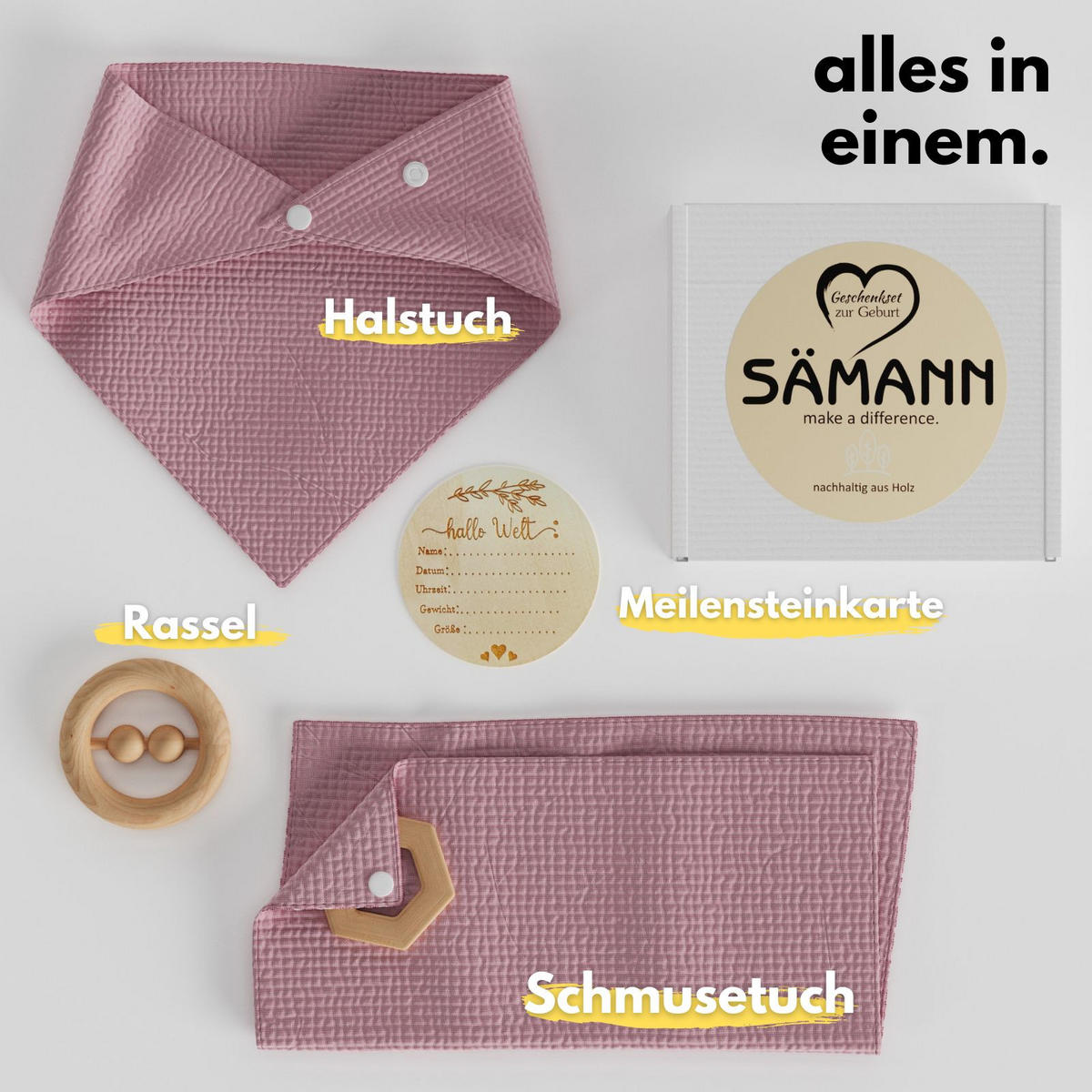 BABY Geschenkset 4-tlg. zur Geburt mit Halstuch, Rassel, Karte, Schmusetuch altrosa - Altrosa, Textil (10/10cm) - Sämann – make a difference.