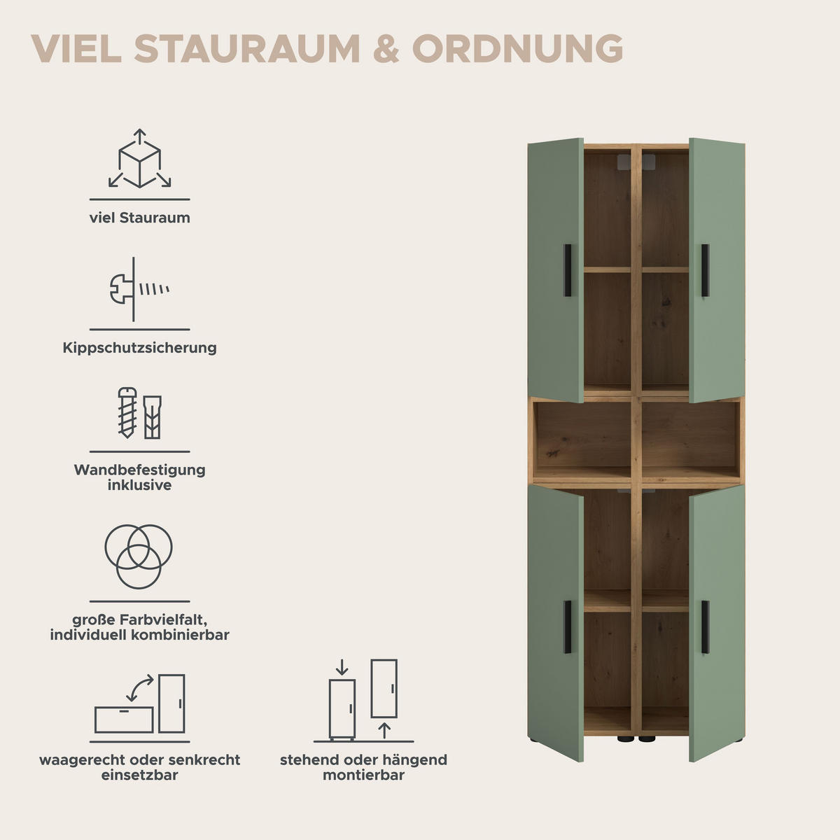 WOHNKOMBINATION THE ONE (B/H/T: ca. 65/178/34 cm) in Artisan Oak Nachbildung/Smoke Green - Eiche Artisan, Holzwerkstoff (65/178/34cm)