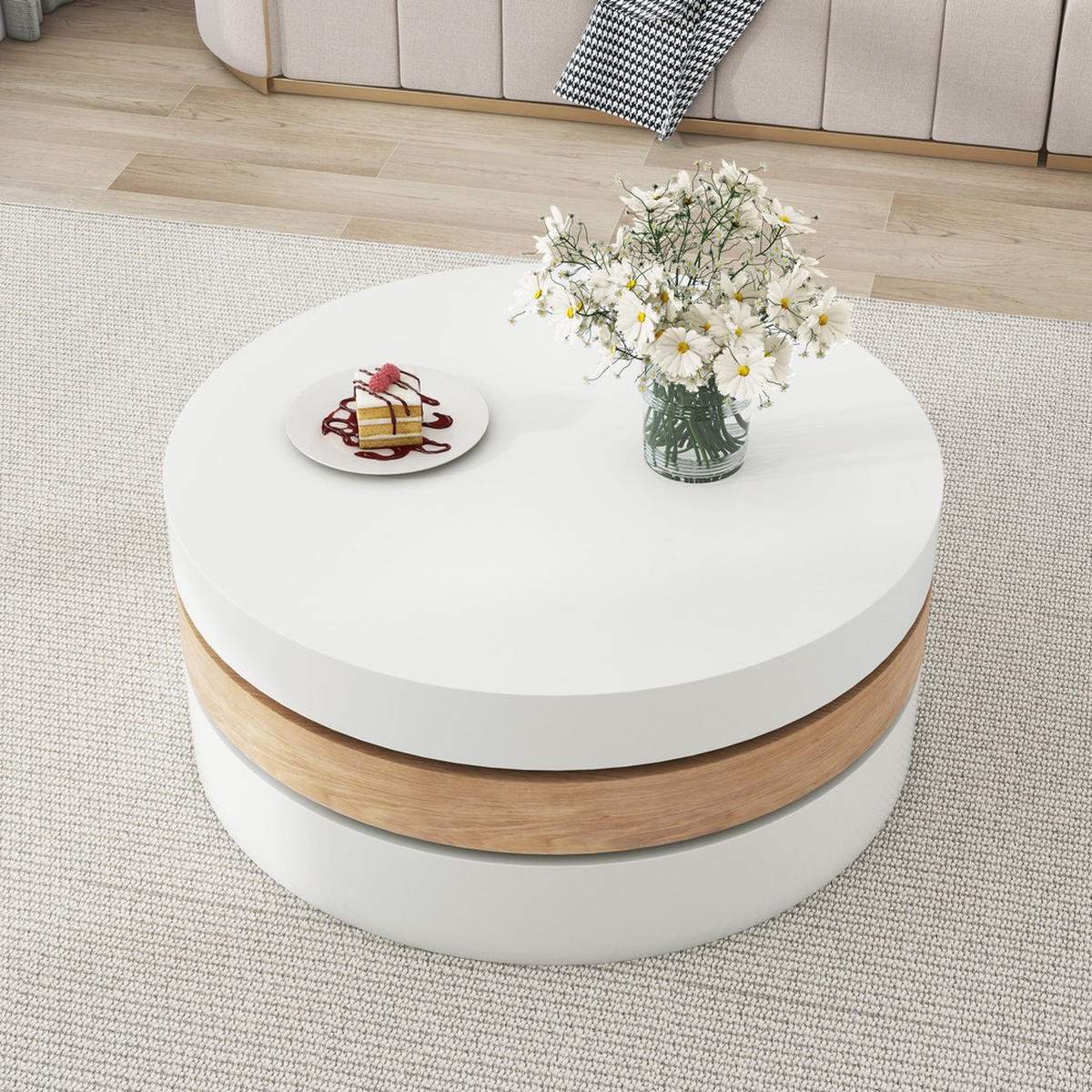 COUCHTISCH 60x60cm Zylindrisch 360° Drehbar 3-stufig Weidenholz 30kg - Weiß, Holz (68/68/41cm) - FLIEKS