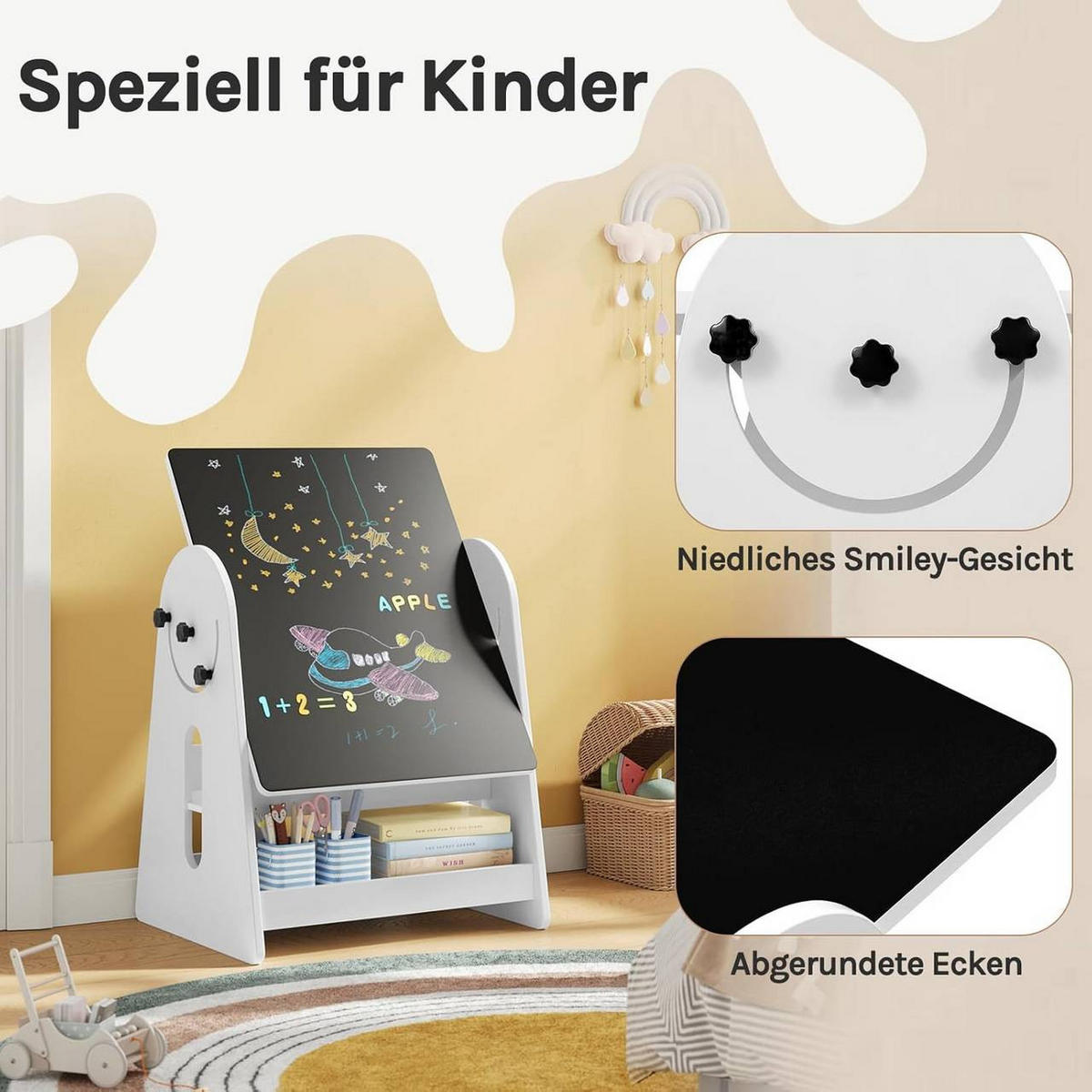 KINDERTISCH mit 2 Stühlen, Stauraum Tafel, Maltisch, Weiß - Weiß, Holzwerkstoff (60/60/57.5cm) - Woltu