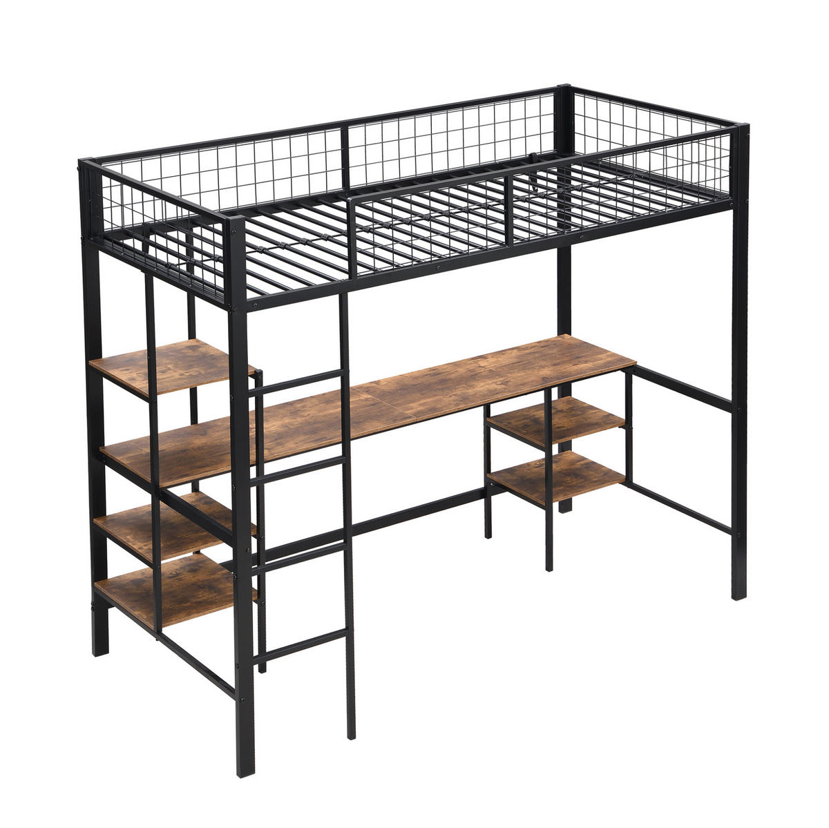 HOCHBETT 90/200 cm aus Metall und Holzwerkstoff mit Schreibtisch und Regal - Schwarz, Metall (90/200cm) - Flora Grace