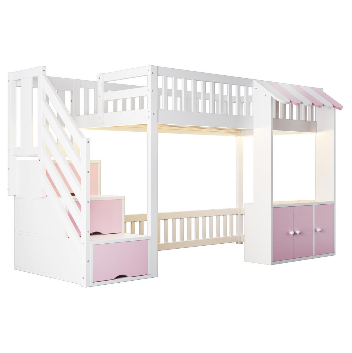 HOCHBETT aus Kiefernholz und MDF 90x200 cm Rosa/Weiß mit Stauraumtreppe, Schrank und LED-Beleuchtung - Weiß, Holz (90/200cm) - Modfu