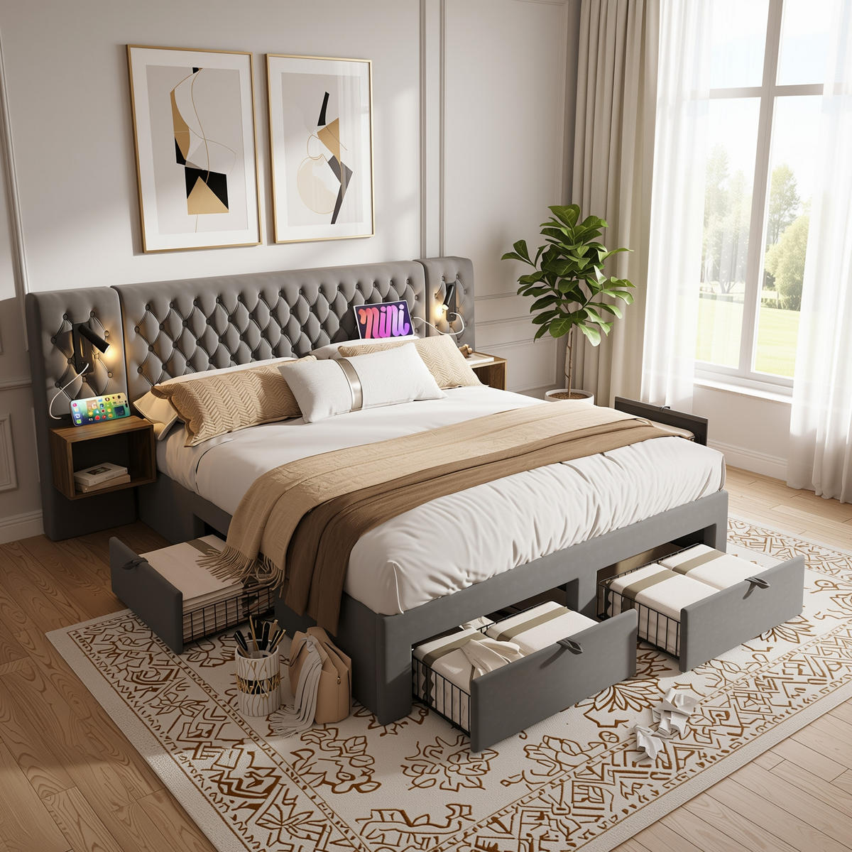 POLSTERBETT 180x200cm Samt Grau mit Stauraum, Leselicht & USB-Funktion - Grau, Textil (180/200cm) - Urban Meuble