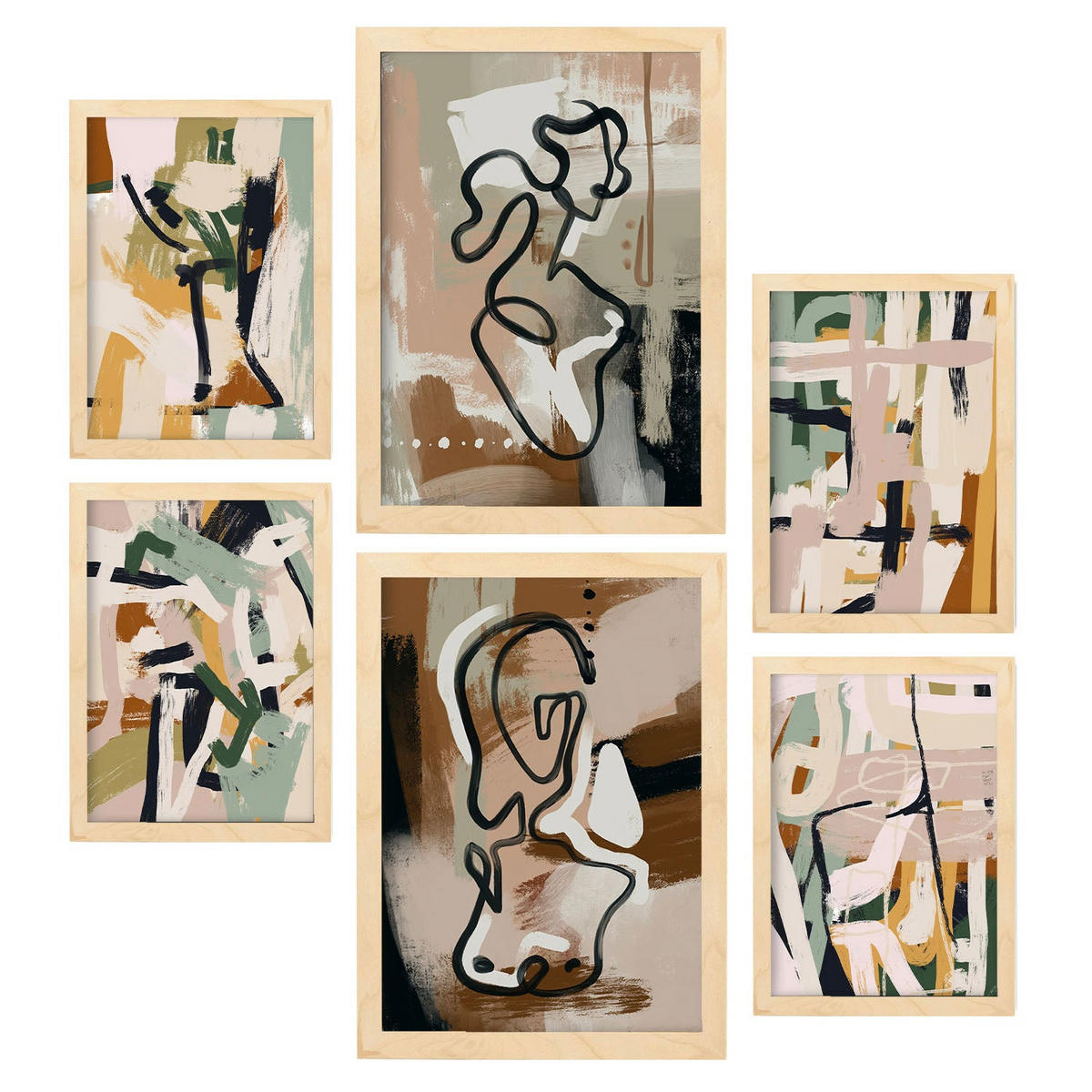 POSTER Set Mit 6 Extravagante Formen In Weibliche Zusammenfassung A3 & A4 Rahmen Aus Hellem Holz - Beige, Papier (29/3cm) - Nacnic