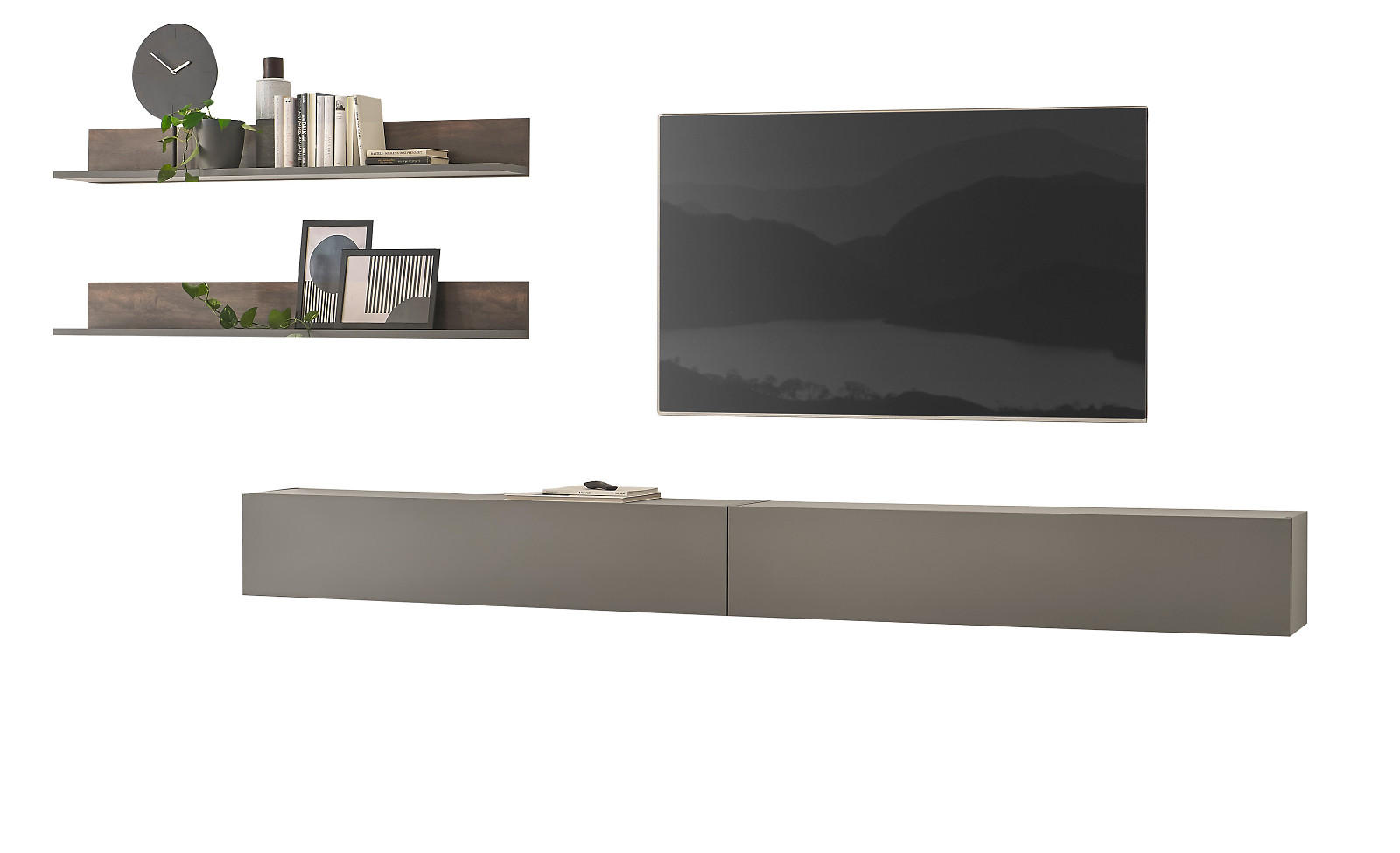 WOHNWAND Thermo Eiche, grau, Wohnkombination 4-teilig 380 x 170 cm - Eichefarben/Grau, Holzwerkstoff (380/170/30cm) - Furn.Design