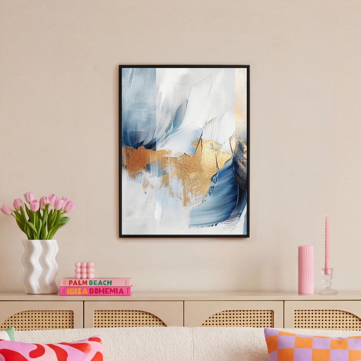LEINWAND Bilder mit Rahmen - Gold - Blau - Aquarell - Kunst - Modern - 60x80 - Hellblau, Textil (60/80cm) - MuchoWow