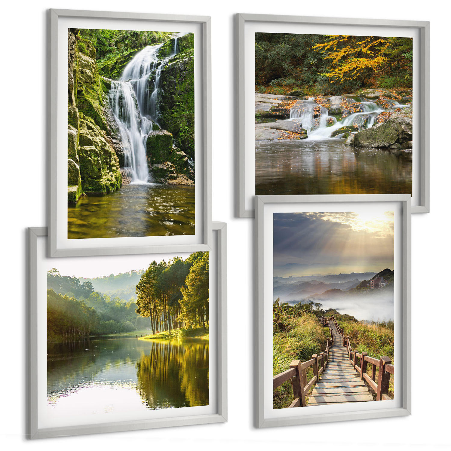 BILDER SET 4er Set - 50x50 cm & 40x60 cm Silberner Rahmen - Wasserfälle, Berge, Wolken, Herbst - Silberfarben, Kunststoff (50/50cm) - TULUP