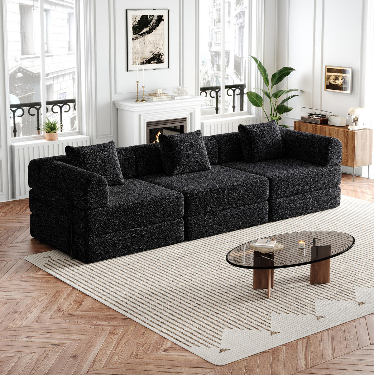 SCHLAFSOFA 2-in-1, Chenille mit Armlehnen-Staufach & Stahlrahmen, 91,4/274/69,8 cm, Schwarz - Schwarz, Textil (91.4/69.8/274cm) - Redom