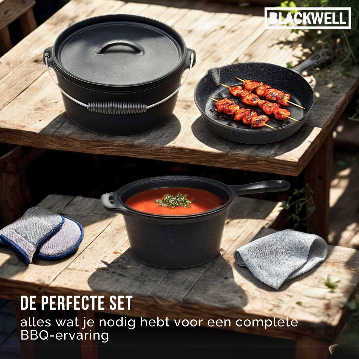 PFANNENSET Dutch Oven BBQ Set aus Gusseisen – Schmortopf + Heber, Bratpfanne Ø 20 cm & Grillplatte Ø 30 cm – 4-teilig – geeignet für alle Herdarten - Schwarz, Keramik (1/2/2cm) - Blackwell