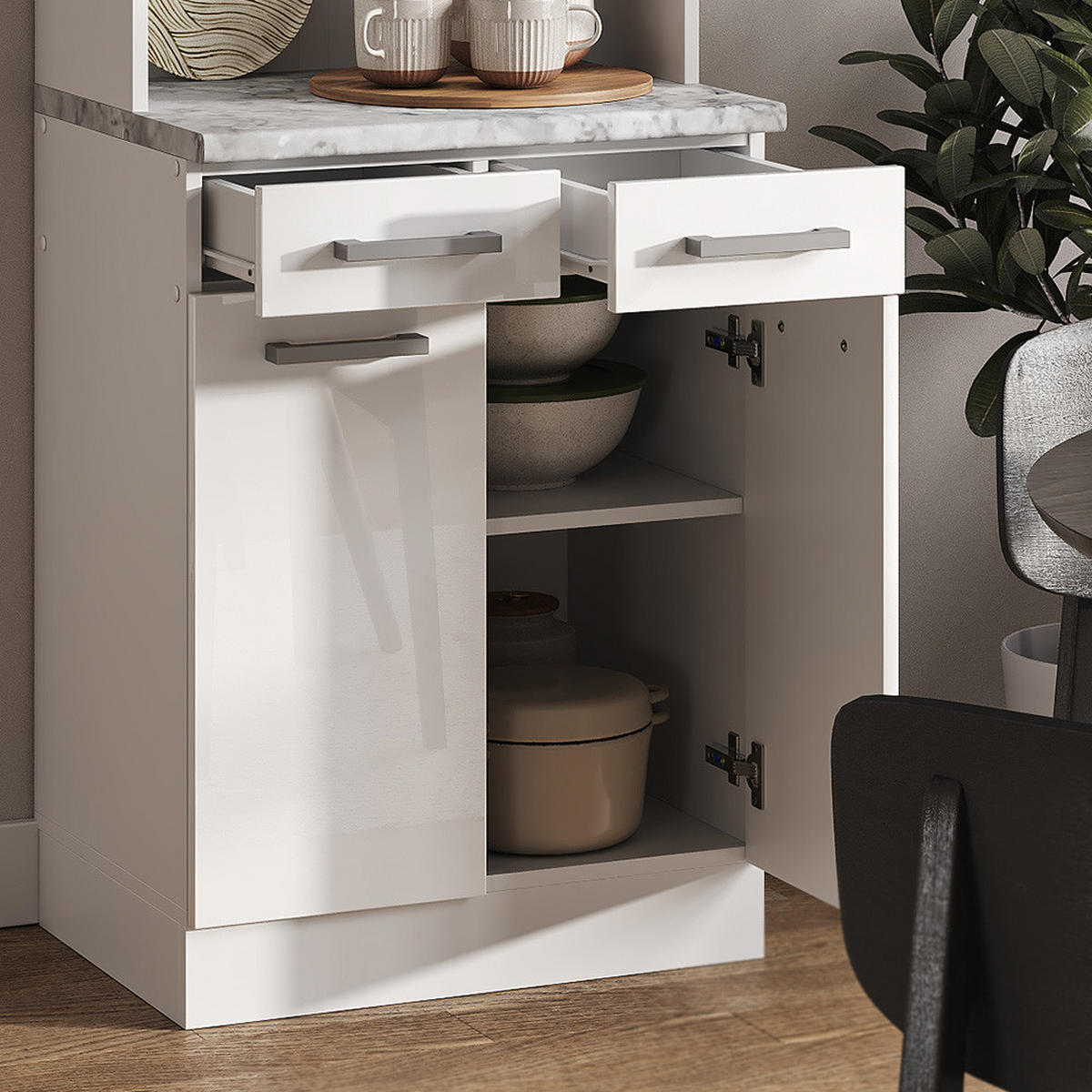 BUFFET R-Line Weiß Hochglanz 60 cm, AP Marmor - Weiß Hochglanz/Weiß, Holzwerkstoff (60/81.6/60cm) - Vicco