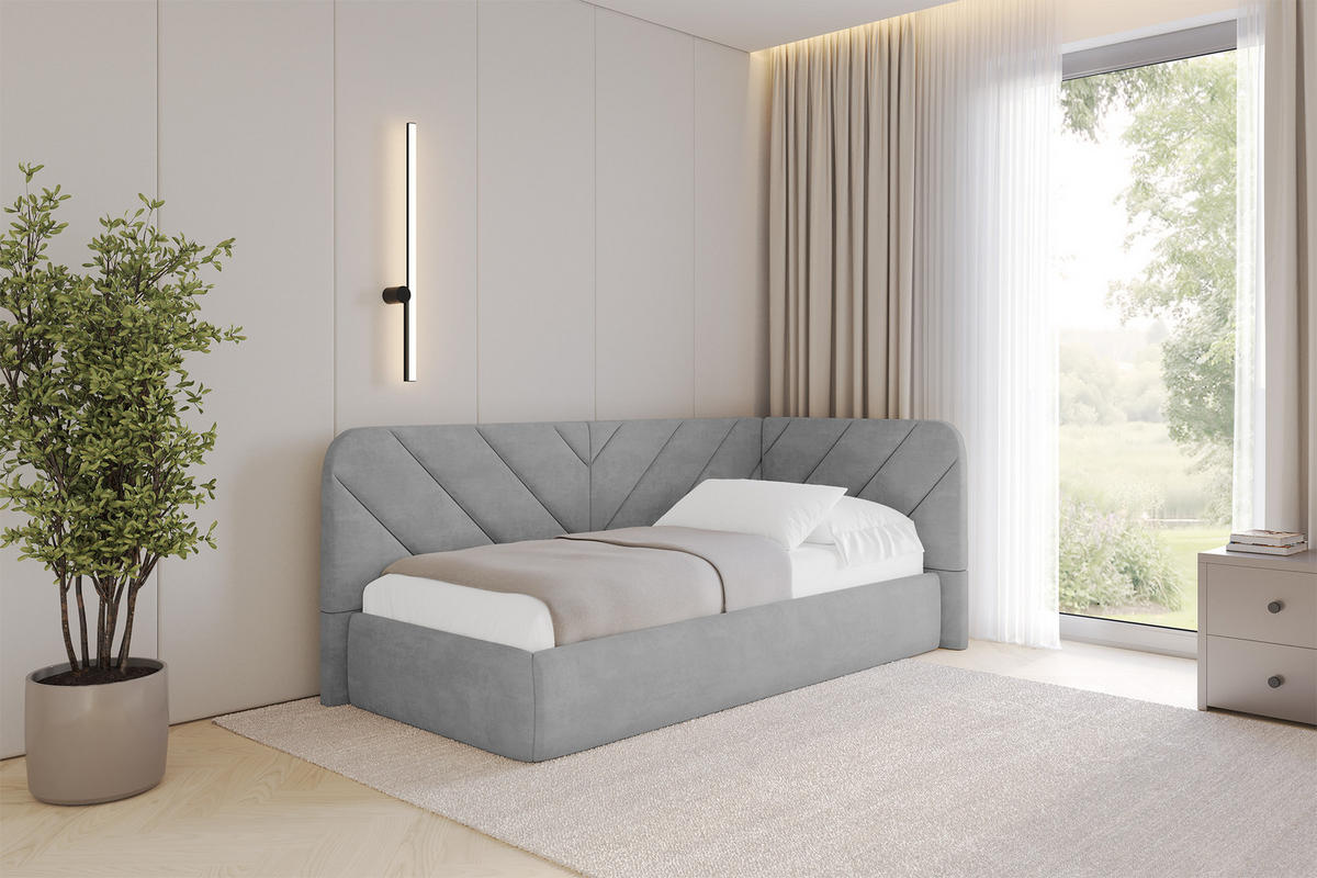 EINZELLBETT Jugendbett mit Bettkasten und Matratze H3/H4, Links - FIKY 90x200 Grau - Hellgrau, Holzwerkstoff/Textil (90/200cm) - ALTDECOR