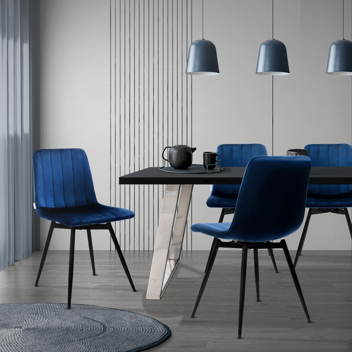 ESSZIMMERSTÜHLE 2er Set drehbar Küchenstühle gepolstert aus Samt Dunkelblau - Schwarz/Dunkelblau, Textil/Metall (43/81/52cm) - ML-DESIGN