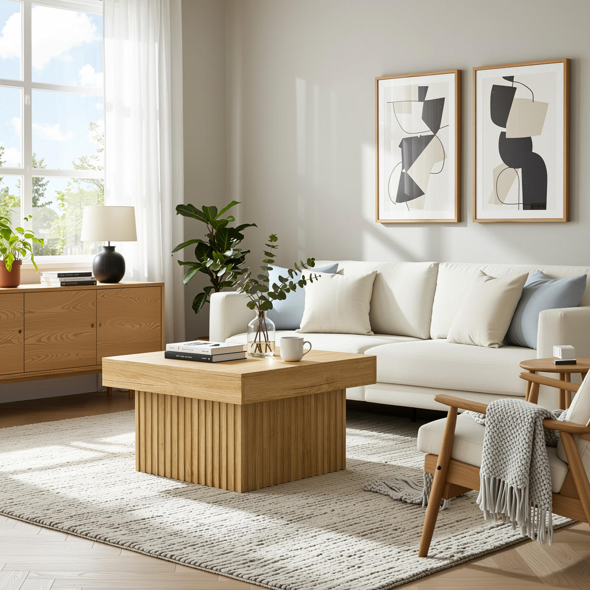 COUCHTISCH quadratisch natur mit rillen-optik & mdf-basis - Naturfarben, Holzwerkstoff (79/79/46cm) - Urban Meuble