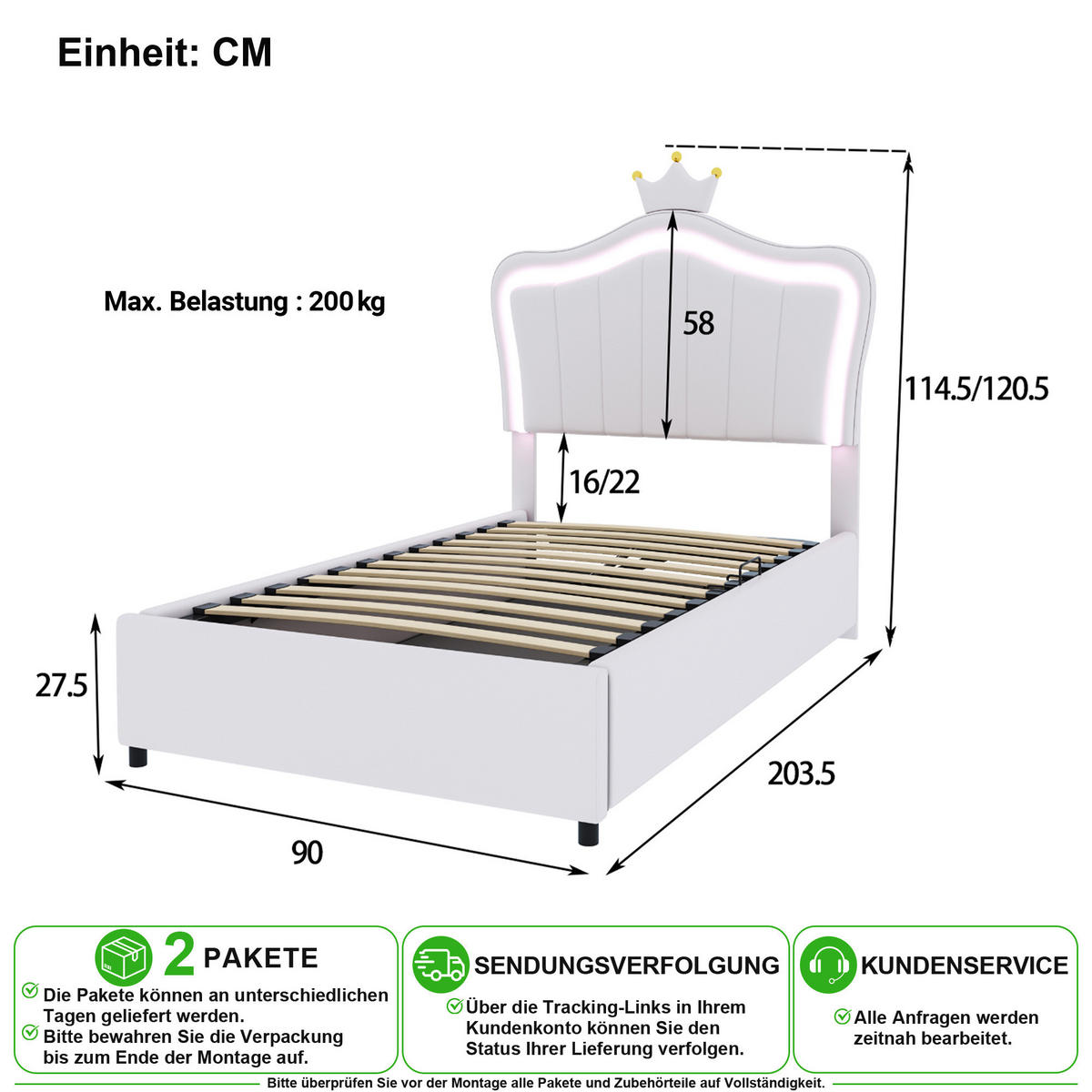 POLSTERBETT 90/200 cm in Weiß mit LED und Bettkasten Kunstleder - Weiß, Holzwerkstoff/Textil (90/200cm) - CHICFURN