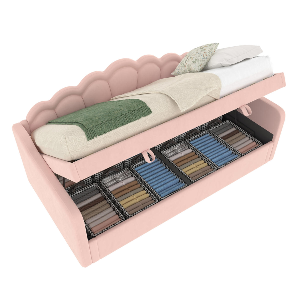 TAGESBETT 90/200 cm rosa mit Stauraum und bunten LED-Leisten - Rosa, Textil (90/200cm) - OKWISH