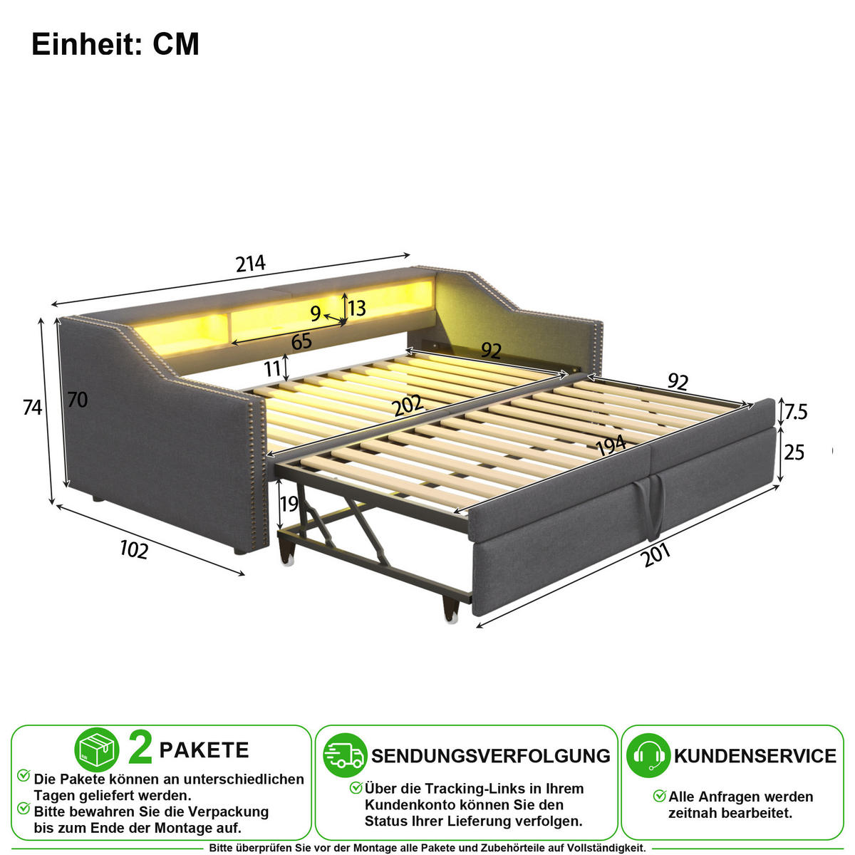 SCHLAFSOFA 90/200 cm & 180/200 cm in Dunkelgrau mit Ausziehbett, LED und USB - Dunkelgrau, Holzwerkstoff/Textil (90/200cm) - CHICFURN