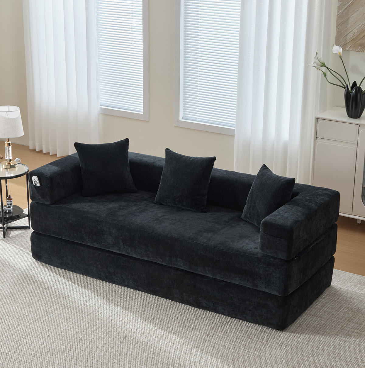 SOFA modular 198 x 79 cm Chenille Black - Schwarz, Kunststoff (31.1/23.62/77.95cm) - Meubliv