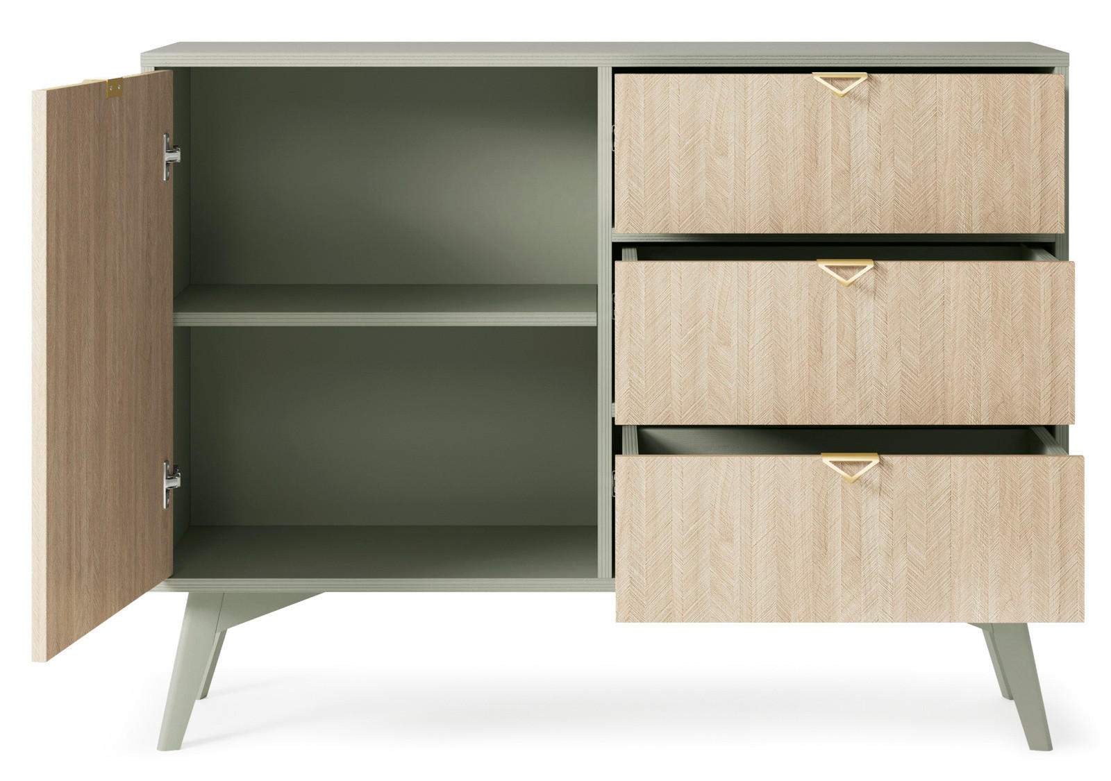 KOMMODE Silva 106 cm in der Farbe Eukalyptus + Scandi-Fischgrätmuster mit Türen und Schubladen - Goldfarben/Grün, Holz/Holzwerkstoff (106/81/38cm) - Ravio