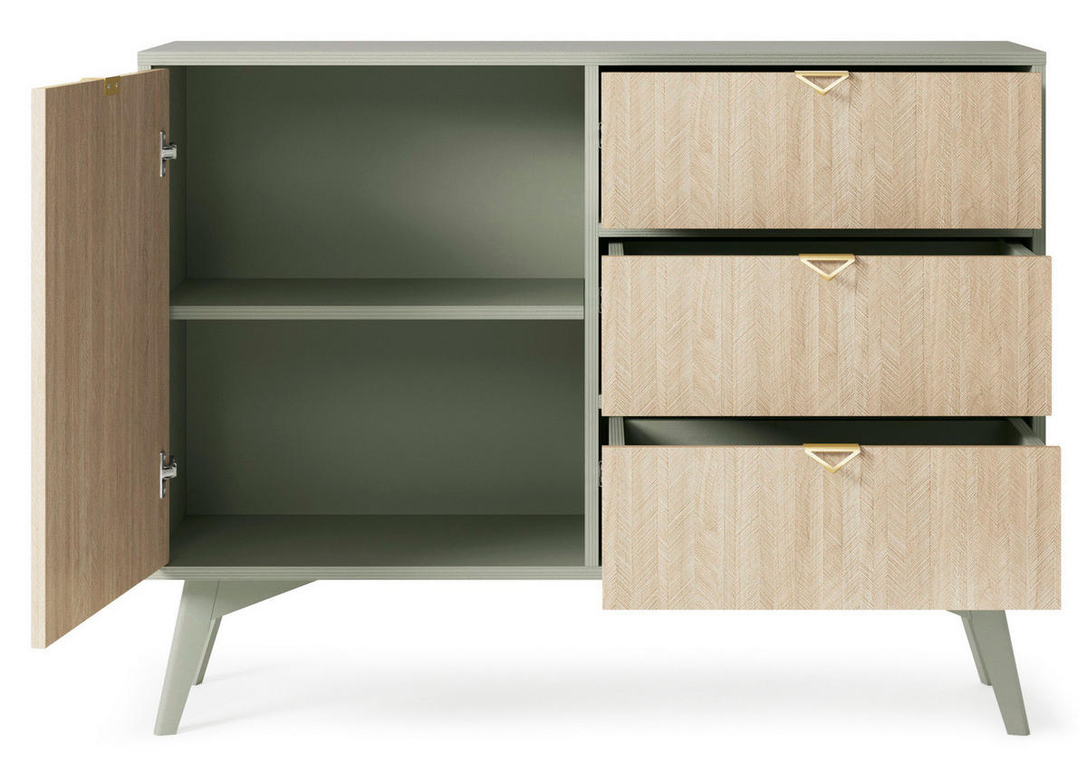 KOMMODE Silva 106 cm in der Farbe Eukalyptus + Scandi-Fischgrätmuster mit Türen und Schubladen - Goldfarben/Grün, Holz/Holzwerkstoff (106/81/38cm) - Ravio