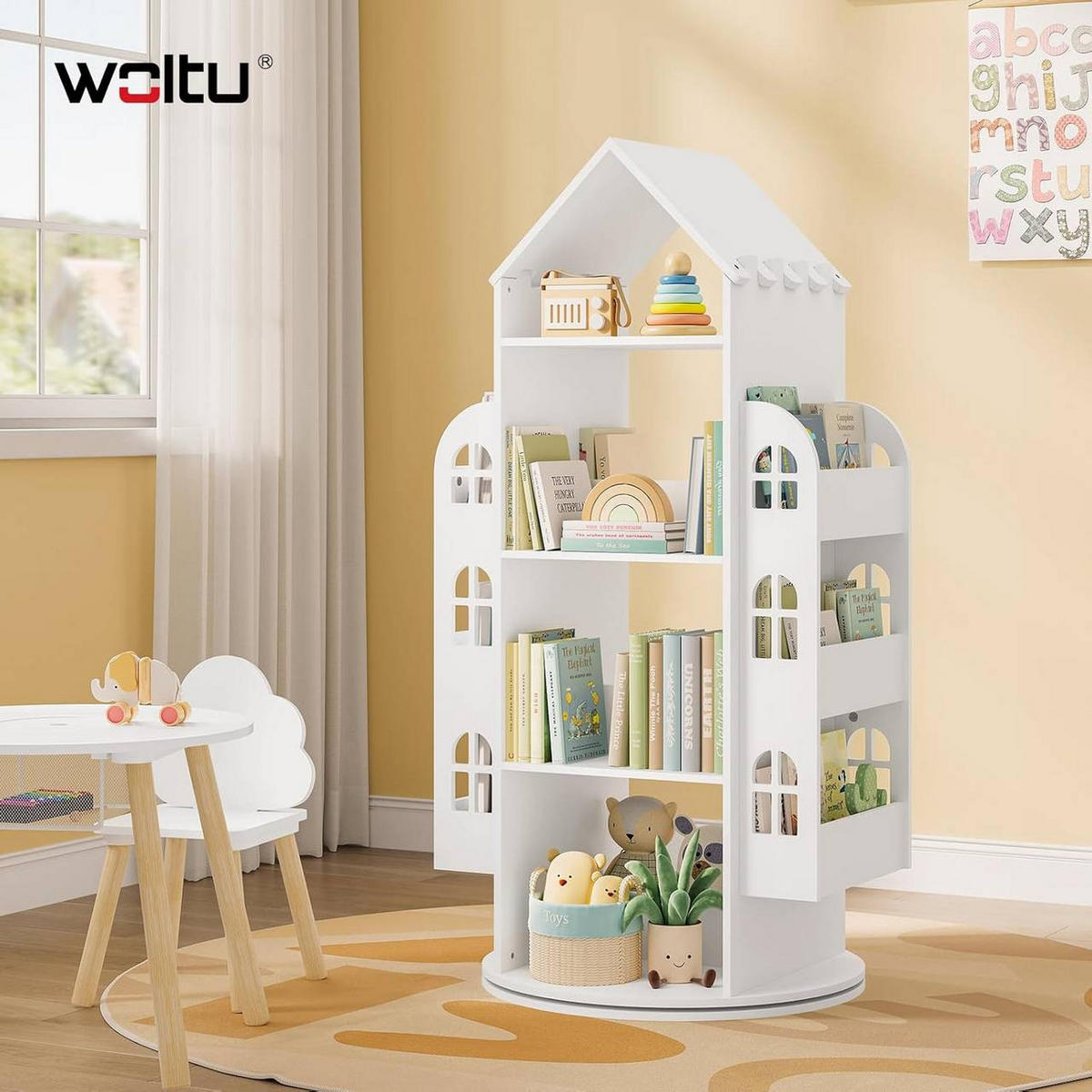 KINDERREGAL mit 4 Ebenen, drehbar, Hausform, Weiß - Weiß, Holzwerkstoff (63/125.5/59cm) - Woltu